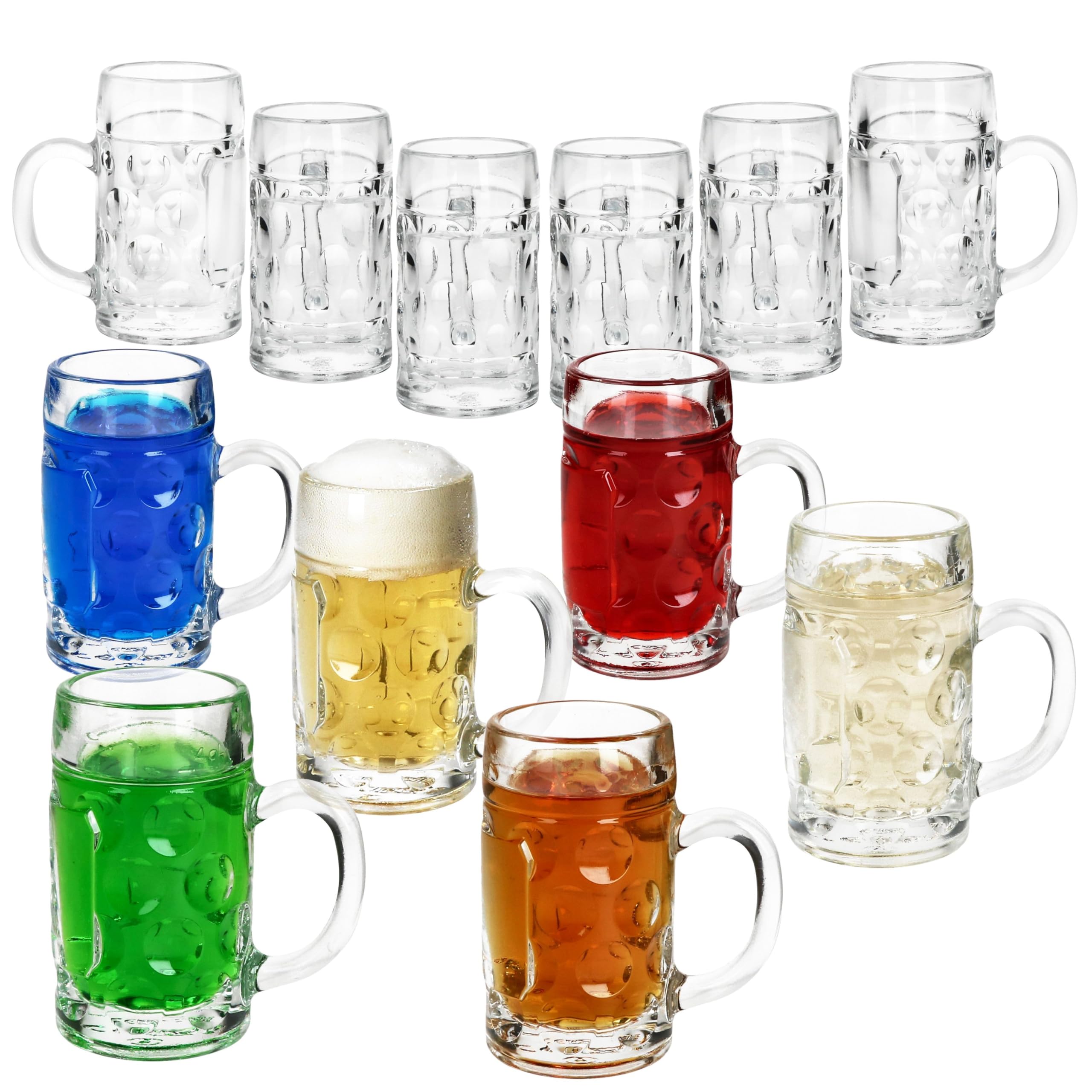 MamboCat Set di 12 mini bicchieri da liquore da 40 ml, calibrati da 4 cl, 12 persone, con mini scudo, manico e rilievo, per vodka, tequila, liquori, ecc.