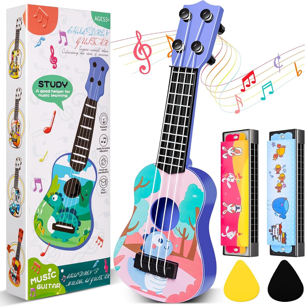 Mini Guitarra y 2 Mini Armónica para Niños | 16 hoyos, ukelele de guitarra para niños pequeños dinosaurios, favor de fiesta para niños, regalo de Navidad