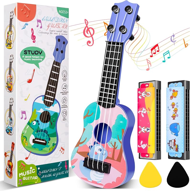Mini Guitarra y 2 Mini Armónica para Niños | 16 hoyos, ukelele de guitarra para niños pequeños dinosaurios, favor de fiesta para niños, regalo de Navidad