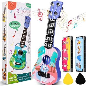 Mini Guitar for Kids 10 Inch Toddler Guitar Ukulele with 2 Mini Harmonica 16 Holes Kids Party Favor Dinosaur