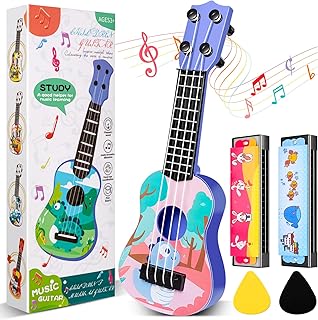 Mini Guitar 10 Inch Musical Toy Guitar Classical Toddler Ukulele with 2 Extra Mini Harmonica 16 Holes and 2 Kids Party Favor (Dinosaur)