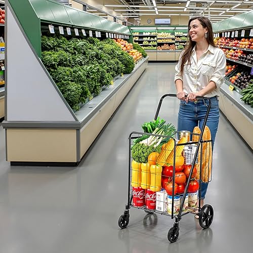 Miniatura 8 de VEVOR Carrito de compras plegable, carrito de comestibles jumbo con cestas dobles, ruedas giratorias de 360, carrito utilitario resistente, carrito