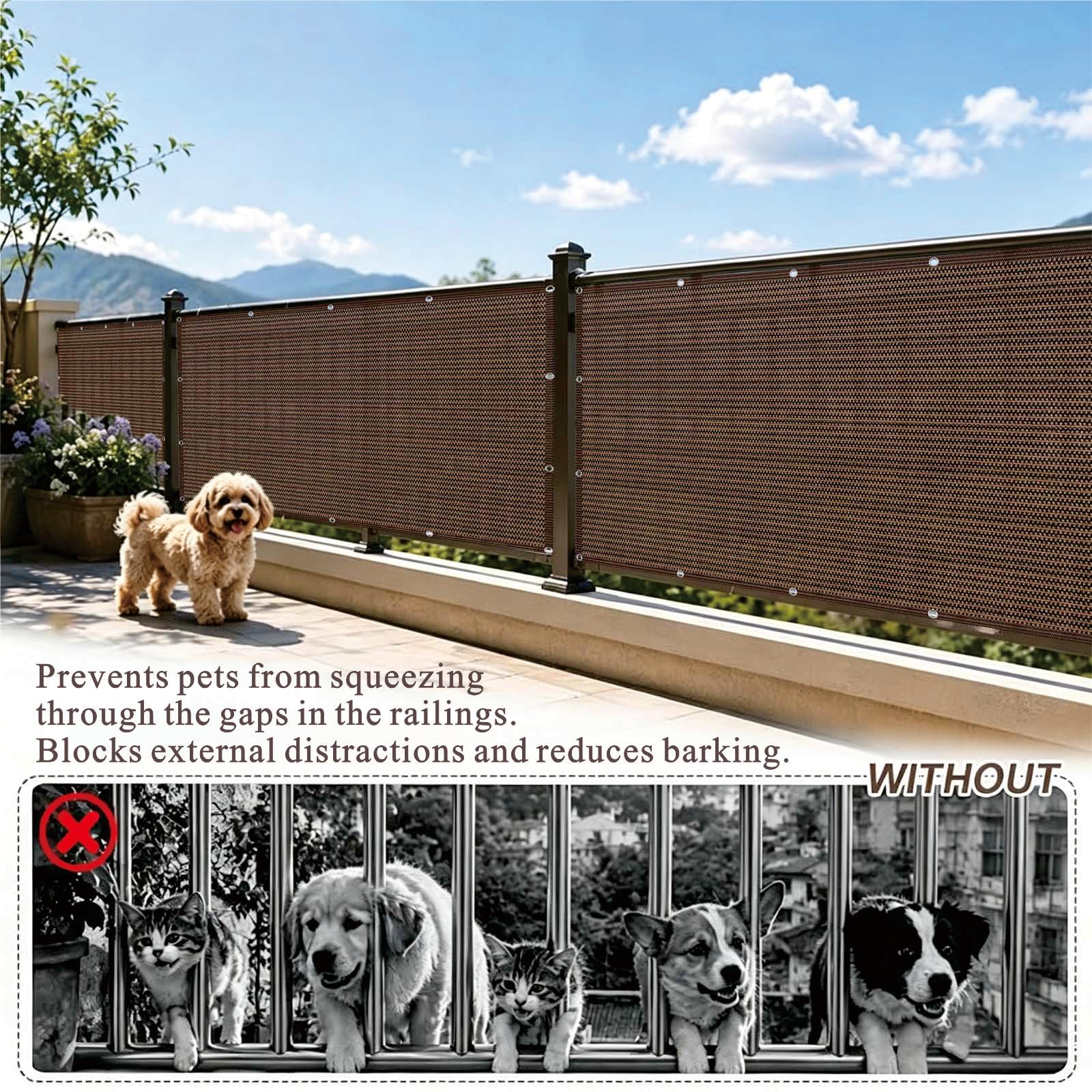 Copertura per Balcone 94 x 410 cm HDPE Antistrappo Protezione Traspirabilità Protezione UV 95% Privacy, Frangivista Balcone Schermi con Corda Fascette pour Terrasse, Marrone