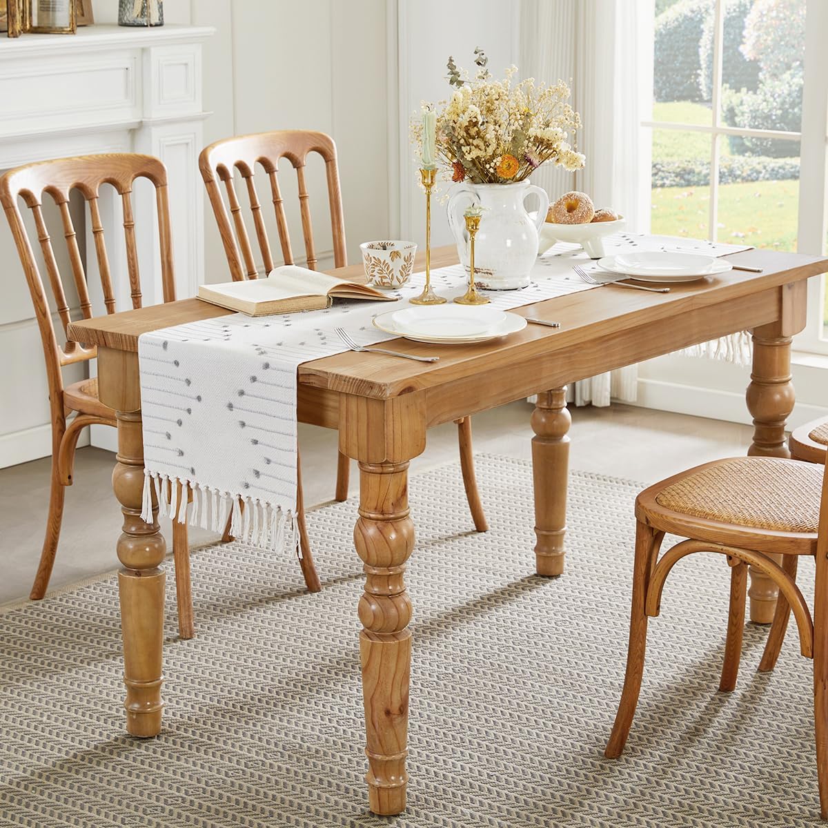 Wracra Boho Table Runner, Natural Cotton Woven Macrame Table Runners 108 Inches Long for Modern Farmhouse Woven Home Decor, 14x108 Inch, Grey