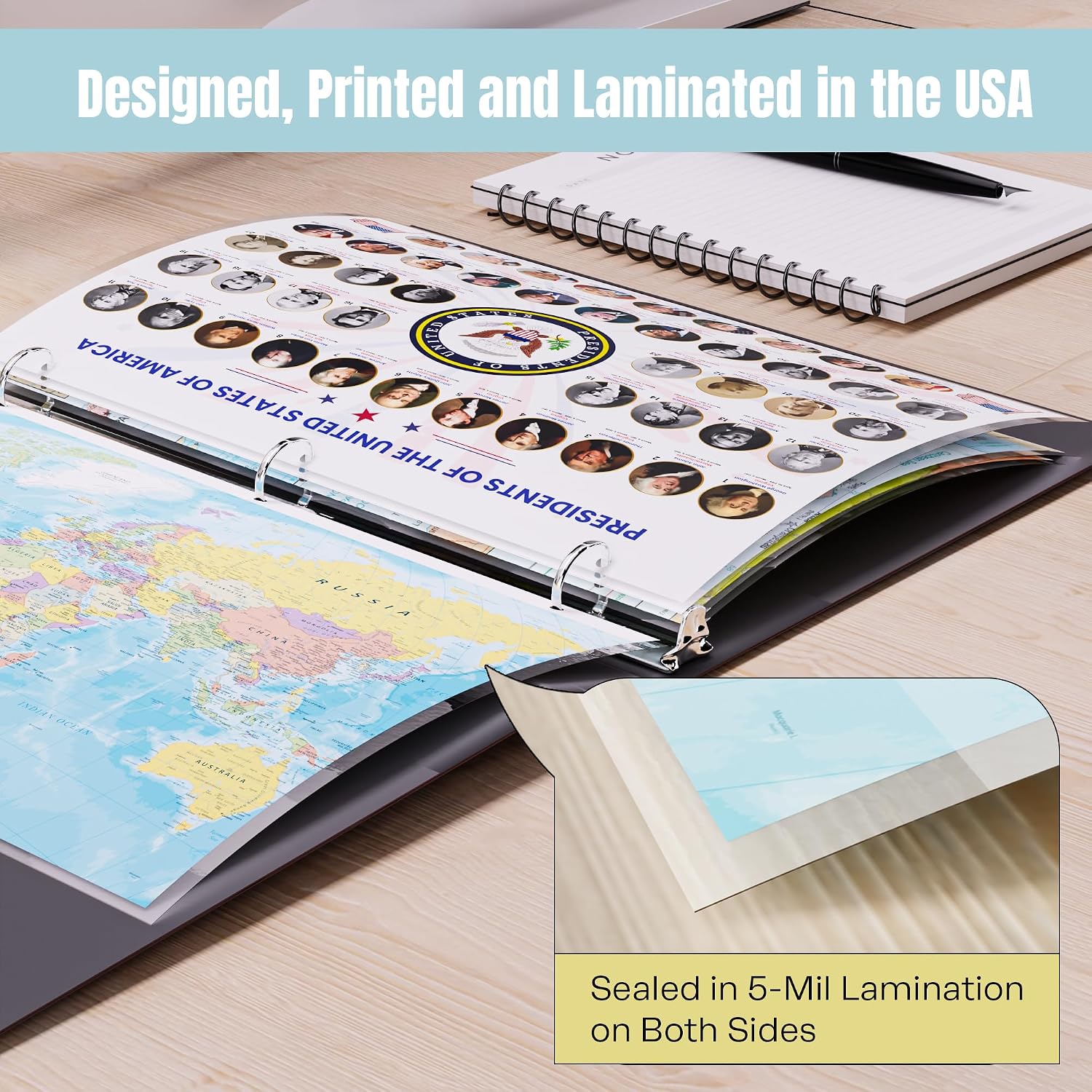 World Map & U.S. Presidents Reference Page – Laminated, Double-Sided Binder Insert for Study & Organization – Fits Standard 3-Ring Binders – Durable Gloss Finish (10 Pack)