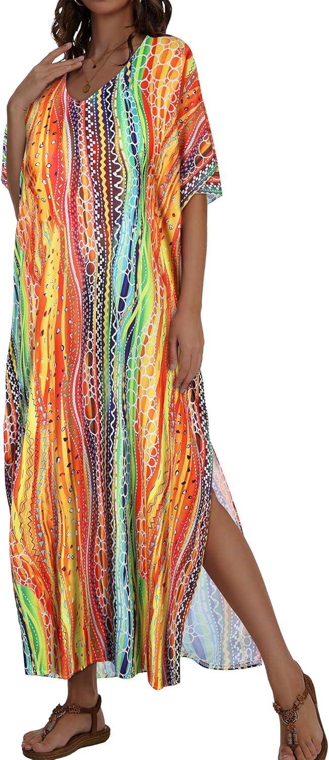 Kaftan Dresses for Women Plus Size V Neck Caftan Long Batwing Sleeve Swimsuit Cover Up Beach Swimwear - Image 5