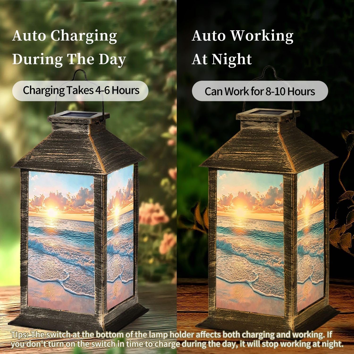 Solar Lantern Decorative Beach Sunset Ocean Waves Sandy Outdoor Garden Hanging Lantern Waterproof Solar Powered Lighting Outside Table Lamp for Patio Deck Yard Camping Beach House Decor