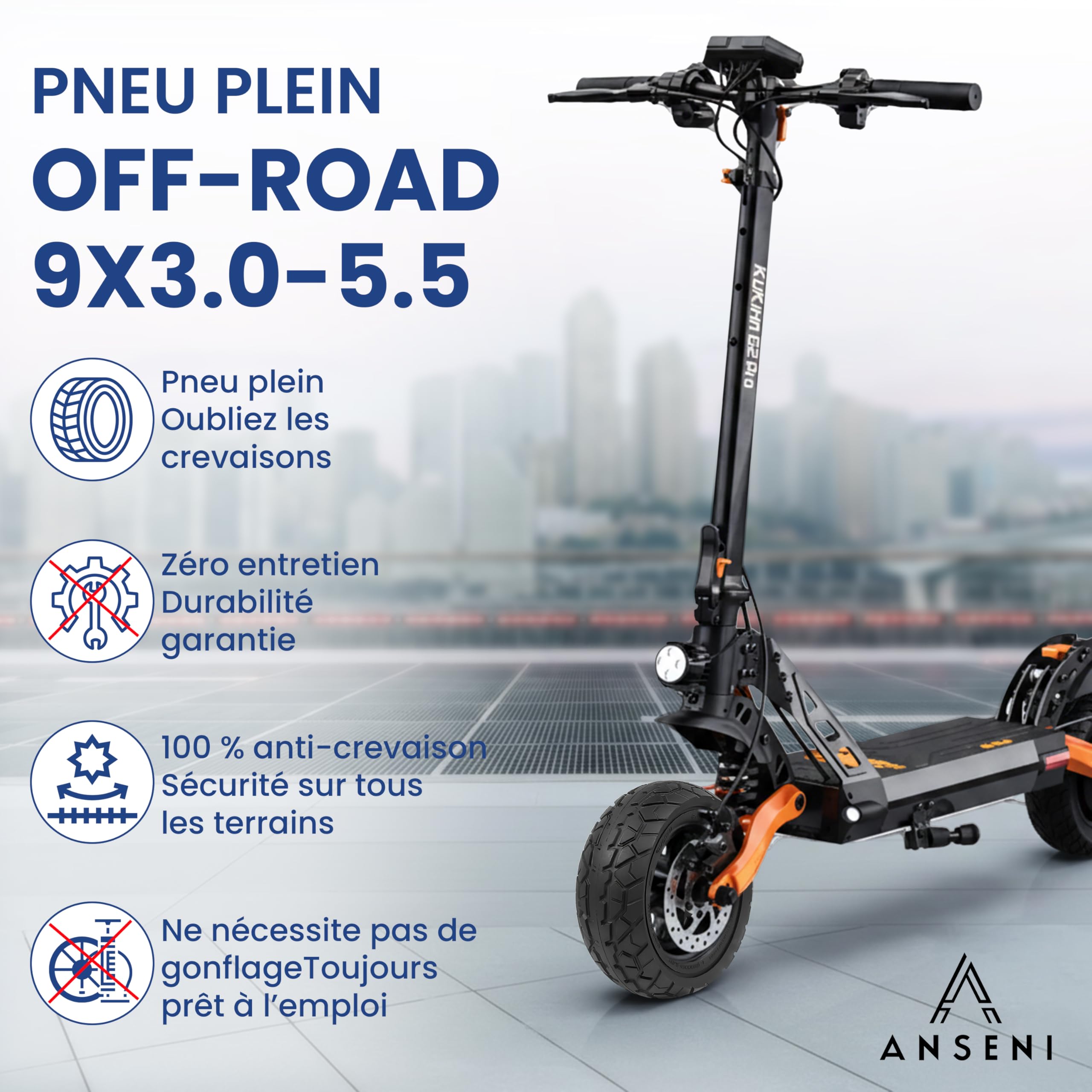 ANSENI Pneu Plein 9X3.0-5.5 pour Kukirin G2 Pro Trottinette Électrique | Roue 9 pouces,Pneu de Remplacement Antidérapant et Anti-crevaison pour Trottinette électrique(1 Roue)