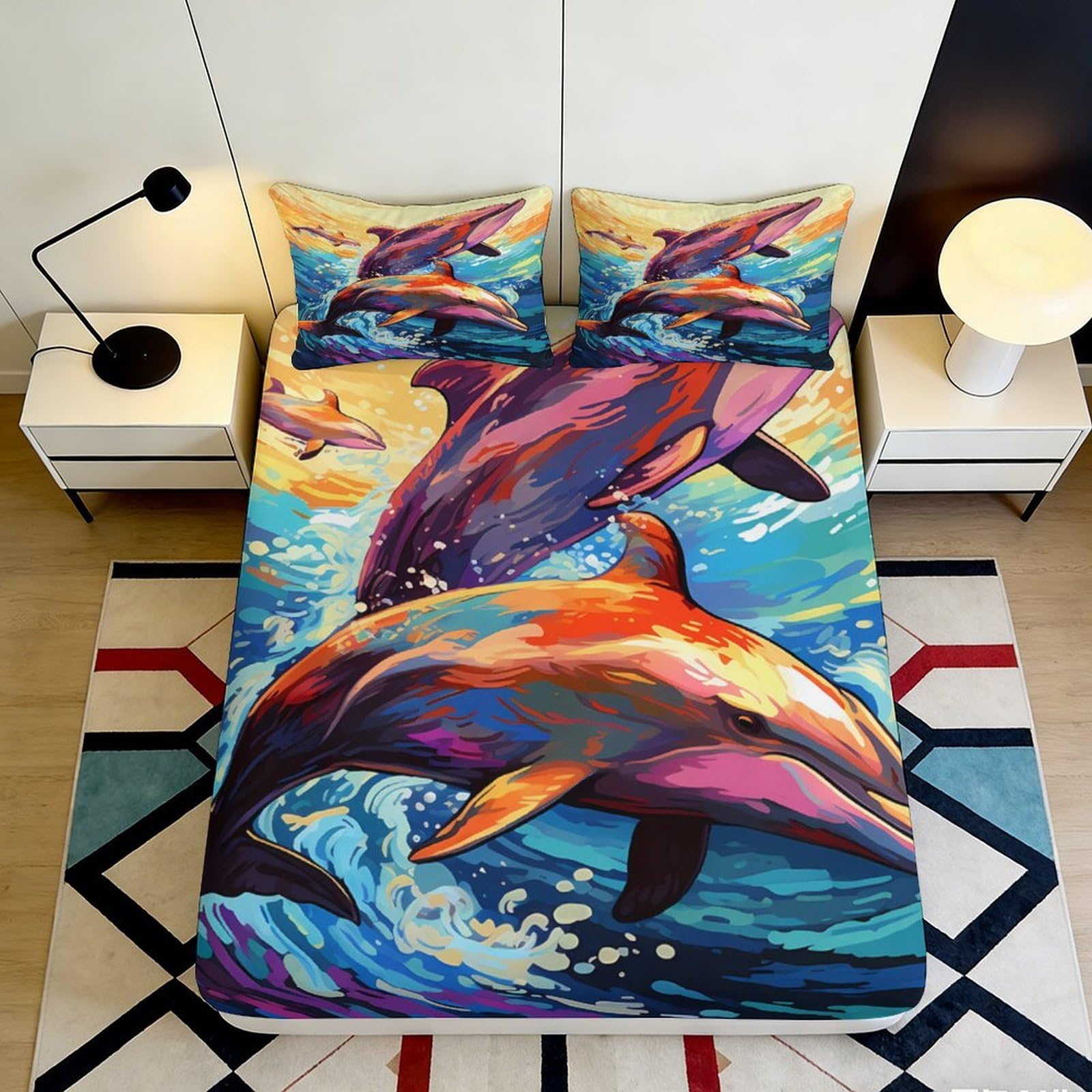Kzqnxhjprl Style-10 3D Printed Colorful Dolphin Fitted Sheet Microfiber Soft Artistic Ocean Waves Bed Cover For Bedroom Guest Room Decor 90X200x25cm