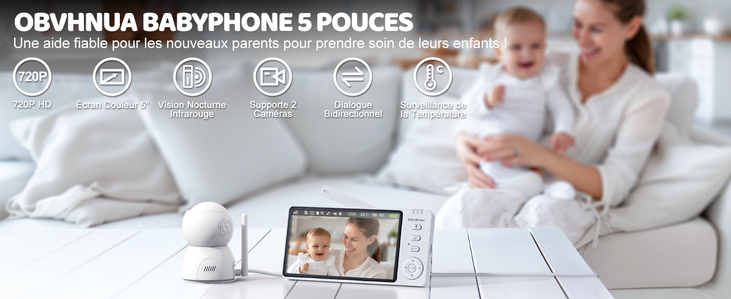 OBVHNUA Babyphone Camera 5 Inches Babyphone 720P HD Écran Caméra Bebe
