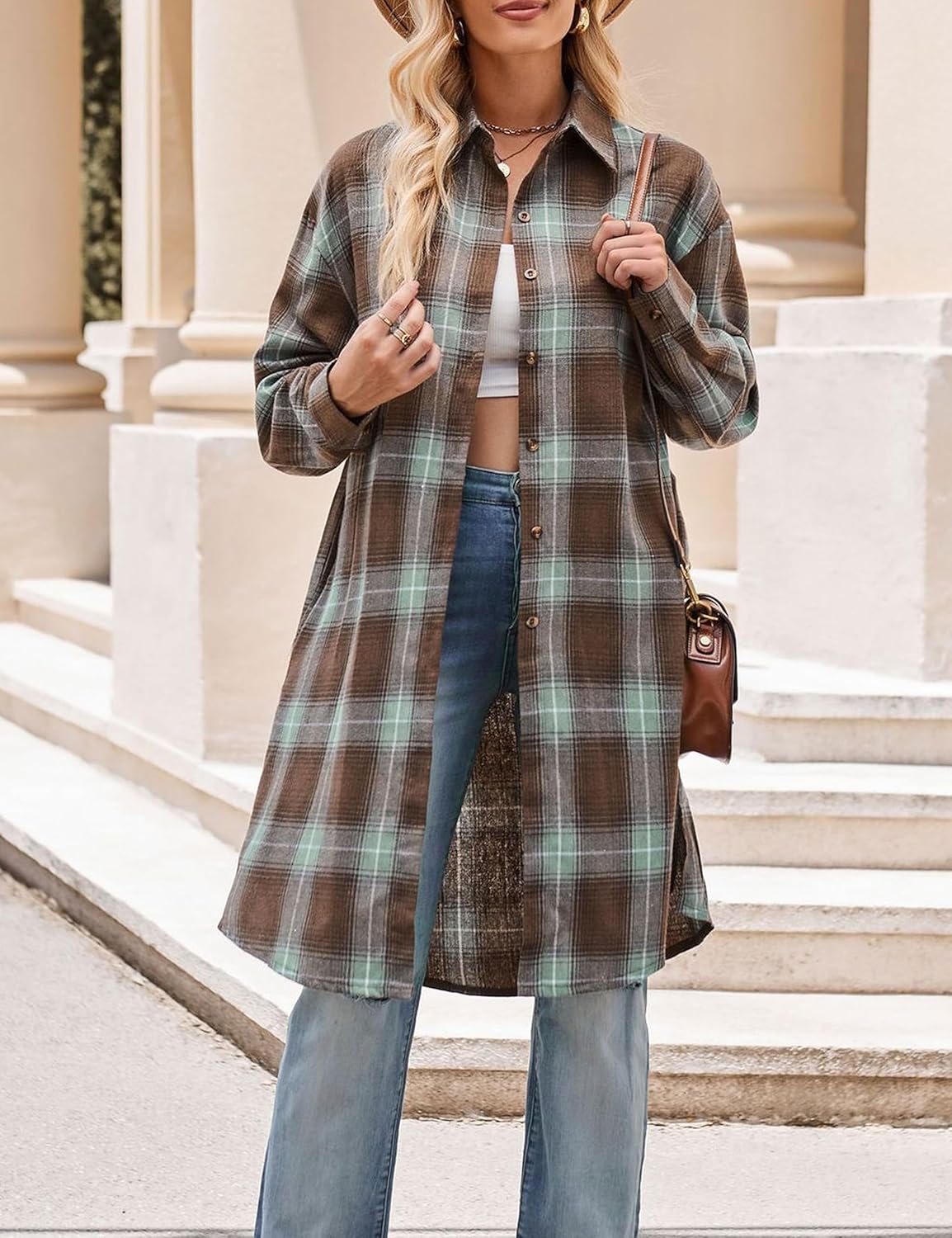 Bozanly Oversized Mid Long Plaid Flannel Shirts for Women Lapel Long Sleeve Check Blouse with Pockets - Image 3