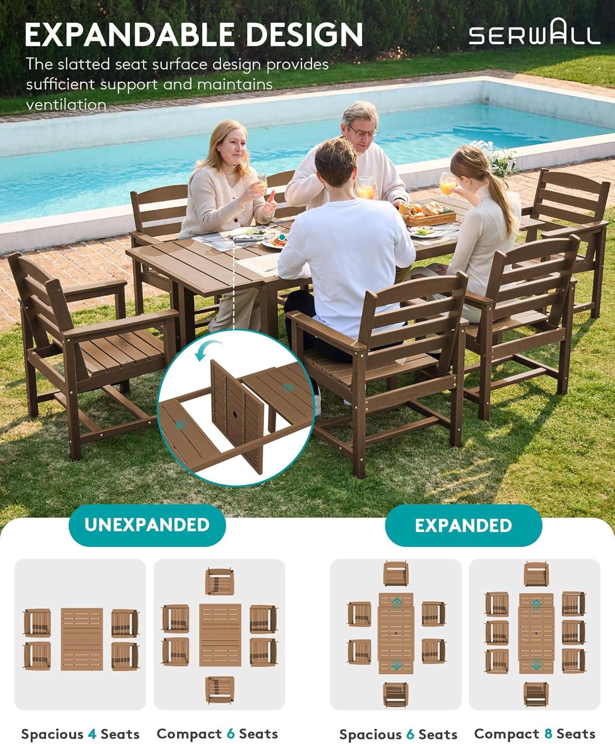 SERWALL 9-Piece Outdoor Dining Set, 60" - 83" Expandable Outdoor Dining Table and 8 HDPE Chairs, All Weather HDPE Outdoor Furniture Set for Backyard, Garden, Brown