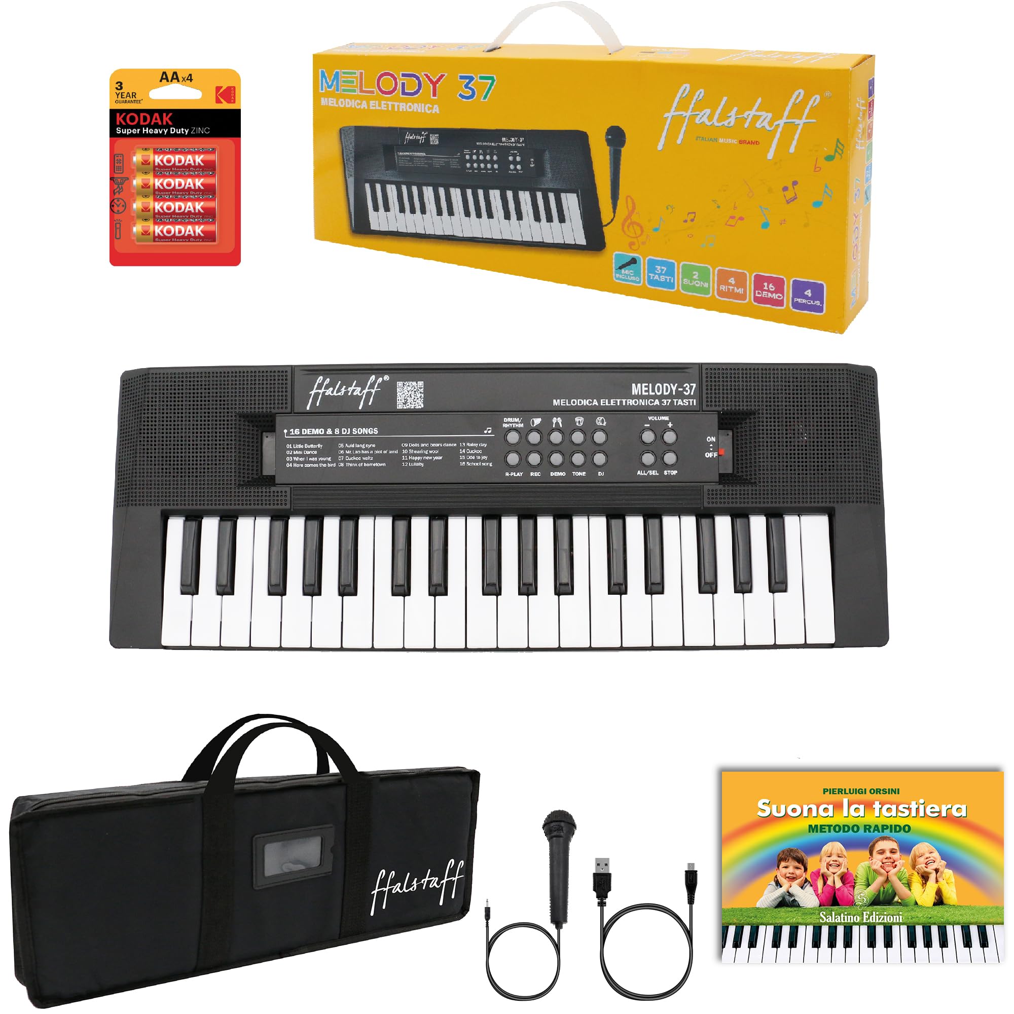 Melodica Elettronica ffalstaff 37 mini tasti con borsa con tracolla, Batterie Stilo e E-book "Suona la Tastiera" - Ottimo kit concepito per proteggere il tuo strumento durante il trasporto