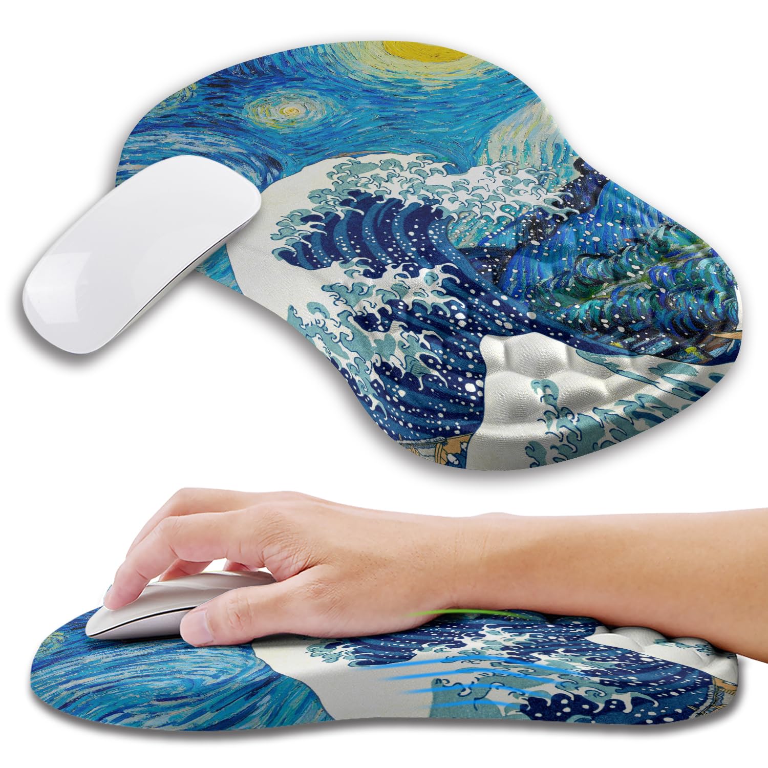 Kuosgm Ergonomic Mouse Pad Wrist Support with Memory Foam Massage Bulge, Carpal Tunnel Pain Relief Mousepad Wrist Rest for Mouse(12x8 inch,Wave Starry)