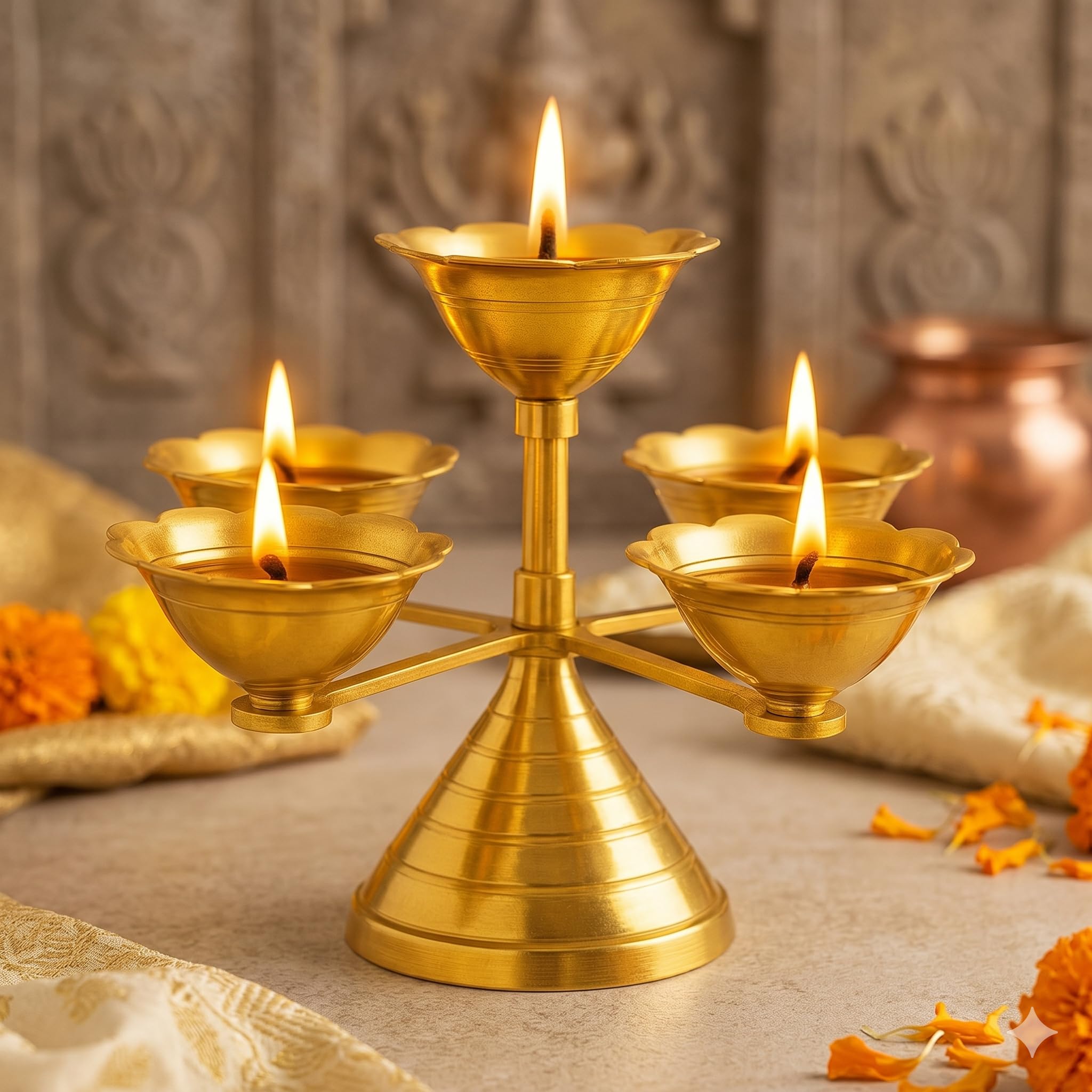 Pure Source India Pure Brass 5 Faced Ethnic Panchadeep | Bhadradeepam /Lamp/Akhand Diya for Mandir, Pooja Room,Diwali Gift Decorative Item for Home Decor (8 INCH. Gold 1PCS ) 400 GM-image-44