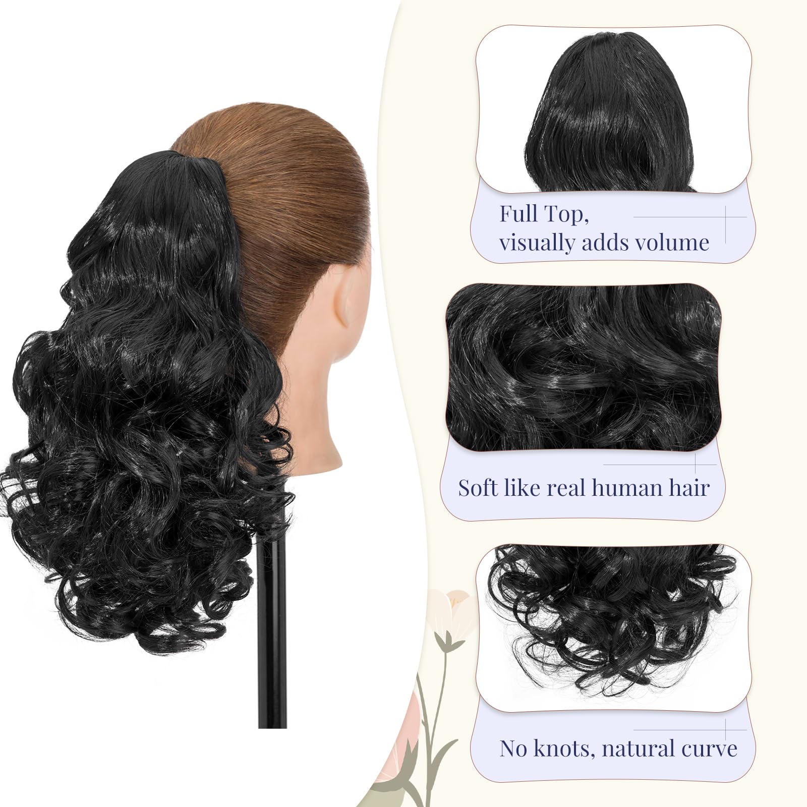TESS Claw On Ponytail Extension Matte Material 14 Inch/37cm Curly Wavy Clip In Pony tail Synthetic Hairpiece, Natural Black - Image 3