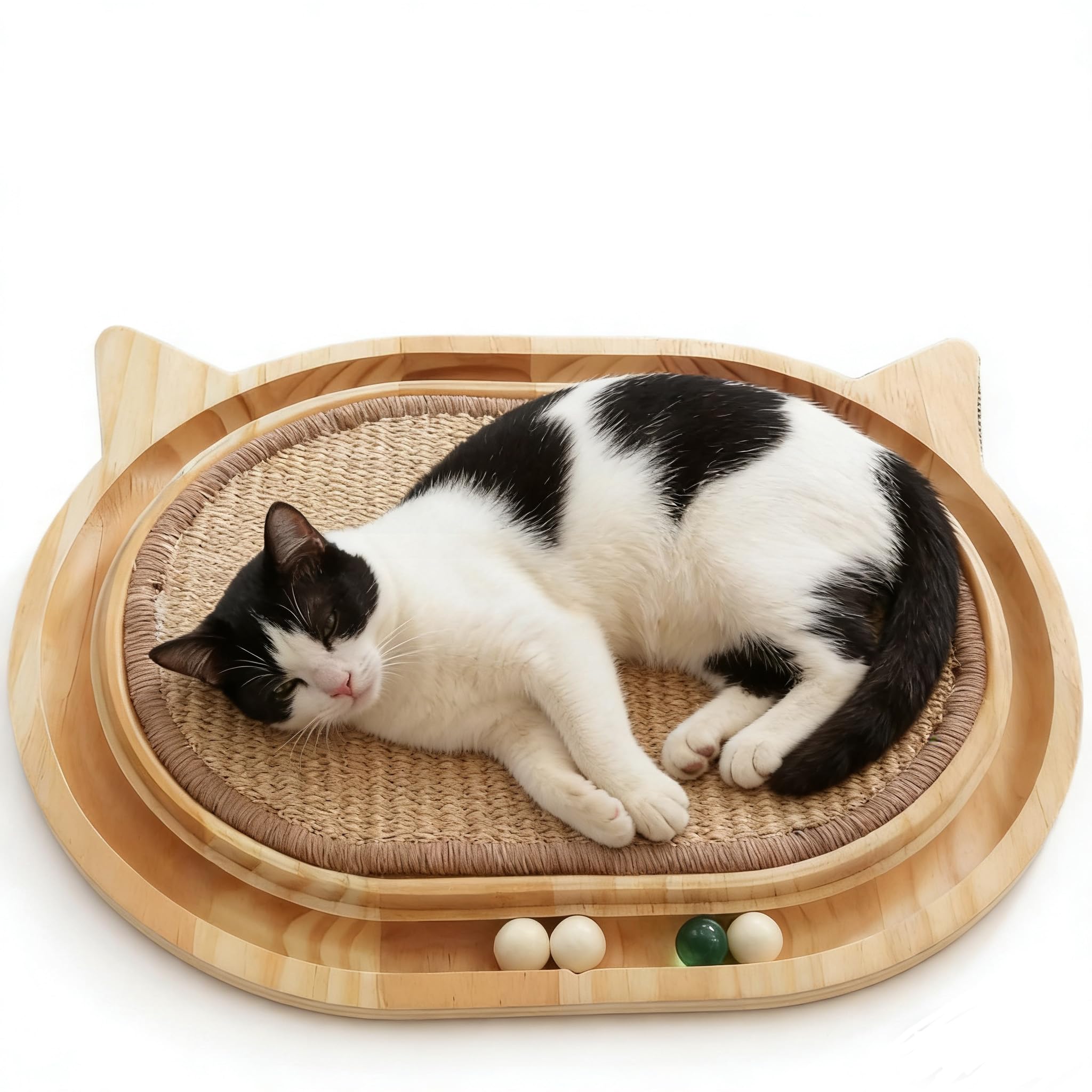 Cat Scratcher with Ball Track, Wooden Sisal Cat Scratching Pad for Indoor Cats, Interactive Cat Toys with 4 Balls for Kitten Exercise & Furniture Protection, 17.3 Inch