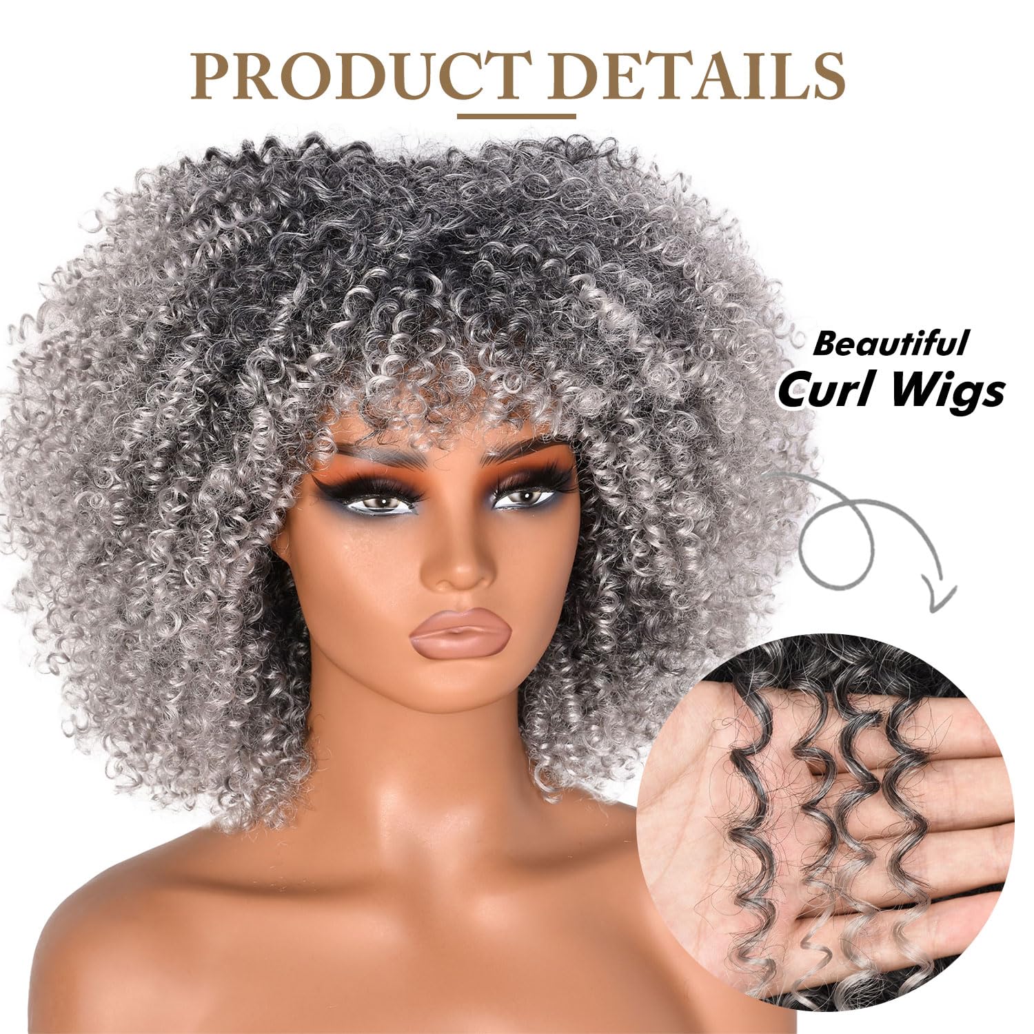 Lizzy 10 Inch Afro Curly Wigs for Black Women Synthetic Afro Wig with Bangs Heat Resistant Short Kinky Curly Wigs for Cosplay and Daily (Ombre Grey) - Image 4