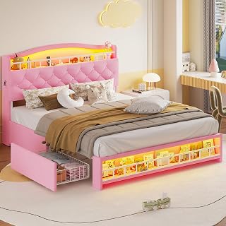 Queen Bed Frame with LED Lights & 4 Drawers, Princess Velvet Upholstered Platform Bed for Girls, Headboard with Charging Station & Guardrail & Crystal Button, No Box Spring Needed, Pink