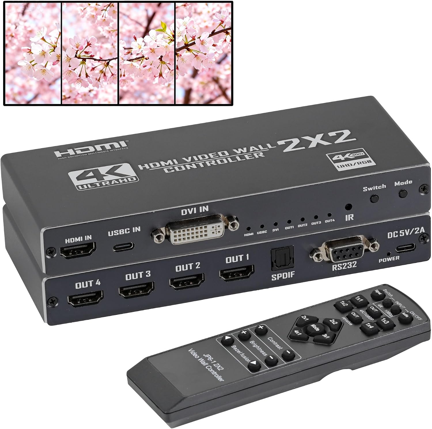 4K HDMI Video Wall Controll 2x2, Video Wall Processor with RS232/DVI/Type-C Input, Support 90° 180° Rotation, IR Remote, SPDIF Audio Output