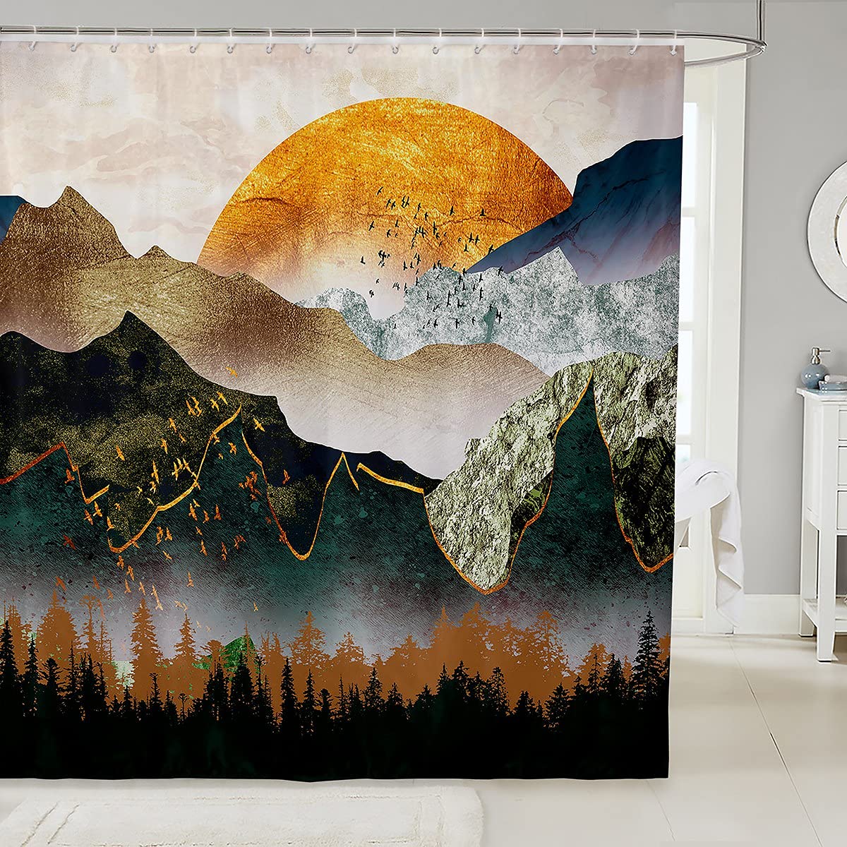 Rideau de douche de montagne zen en tissu imperméable 183x183 cm
