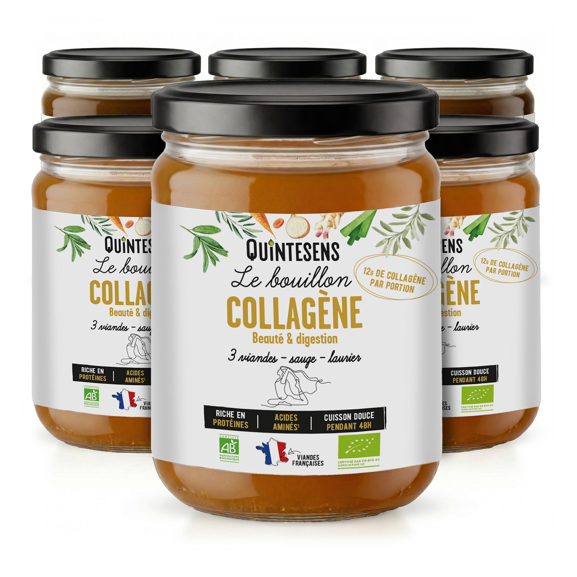 Lot de 6 Bouillons d'Os Collagène QUINTESENS 515 ml – Régénération Peau, Cheveux & Ongles, Récupération Sportive – +15g de Collagène Naturel par Portion – Mijoté 48h - 100% Bio & Naturel