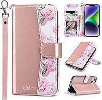 Vista 23 de ULAK Funda tipo cartera compatible con iPhone 14 Plus con tarjetero [bloqueo RFID], funda con tapa para mujeres y niñas, piel sintética, soporte