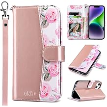ULAK Compatible with iPhone 14 Plus Wallet Case with Card Holder [RFID Blocking], Flip Case for Women Girls PU Leather Kickstand Wrist Strap Shockproof Phone Case for iPhone 14 Plus 6.7, Rose Gold