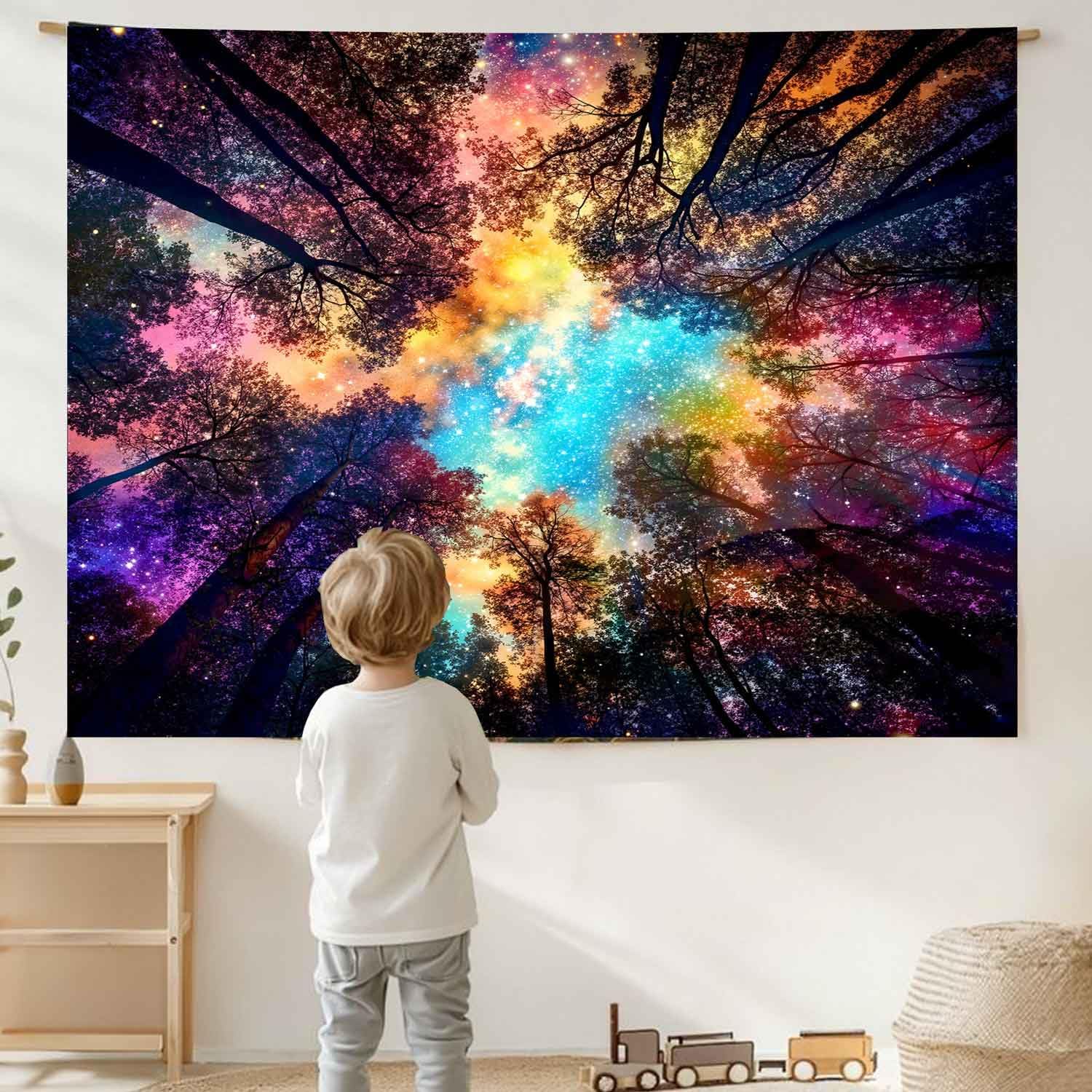 Onivein Colorful Forest Tapestry Nature Landscape Tapestry Starry Night Sky Tree Space Galaxy Tapestries Wall Hanging for Home Dorm Living Room Office 50 x 60 Inches