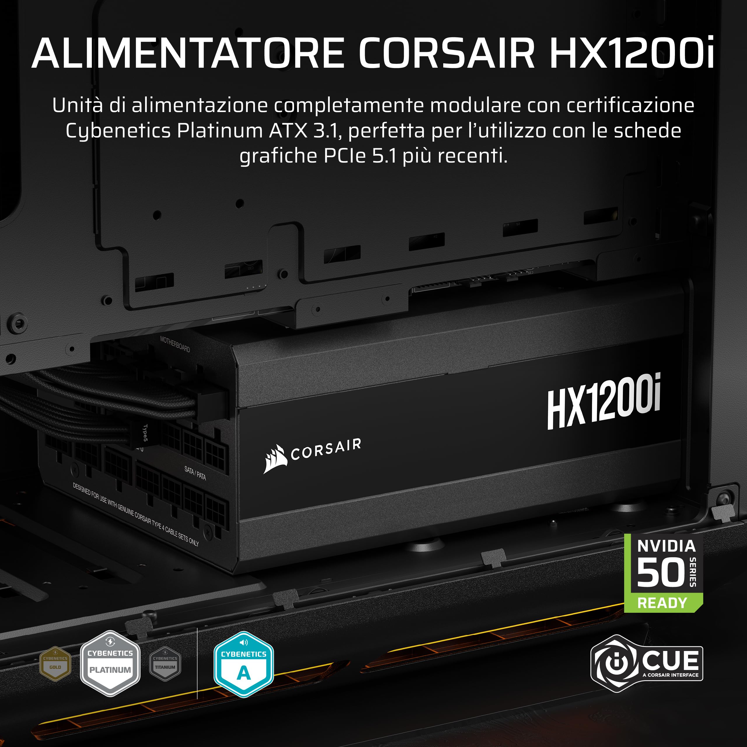 CORSAIR HX1200i (2025) Alimentatore ATX Completamente Modulare a Bassissimo Rumore con Cavo 12V-2x6 – Compatibile con ATX 3.1 e PCIe 5.1, Efficienza Cybenetics Platinum – Nero