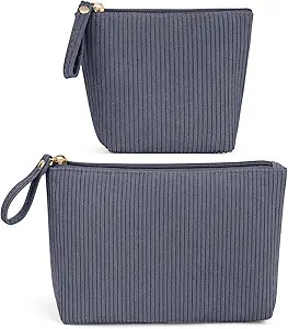 MAGEFY 2Pcs Makeup Bag Set, Cute Makeup Pouch for Purse Corduroy Travel Cosmetic Pouch for Women with Slip-in Pockets for Purse Essentials Accessories(Grey,Mini+Small)