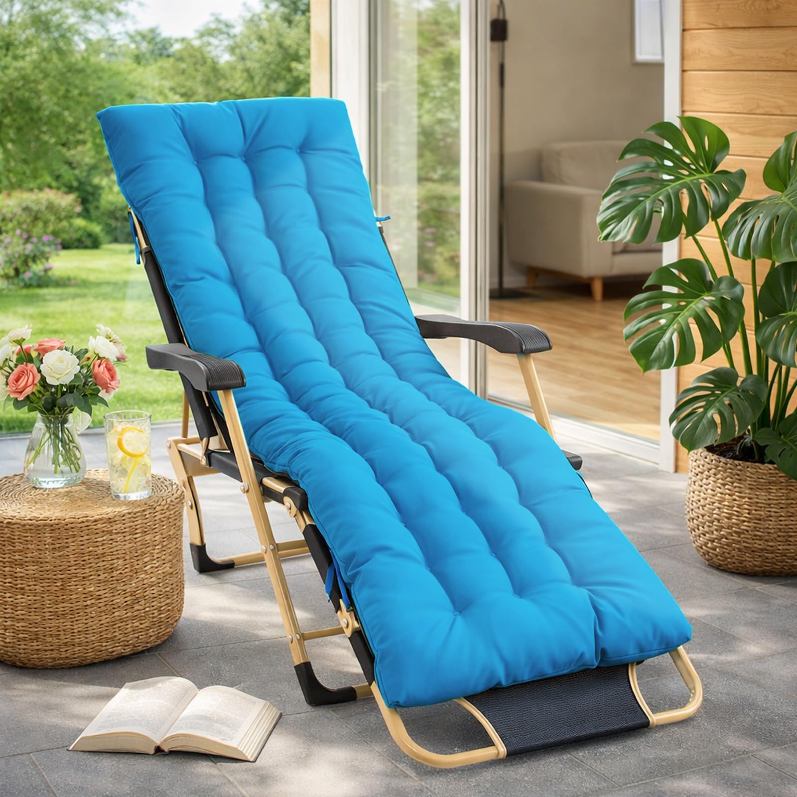 Bocguy Coussins pour Bains De Soleil，170x53x8 CM Chaise Longue Jardin，Matelas Transat Bain De Soleil Chaise Longue Exterieur pour Jardin Terrasse Balcon