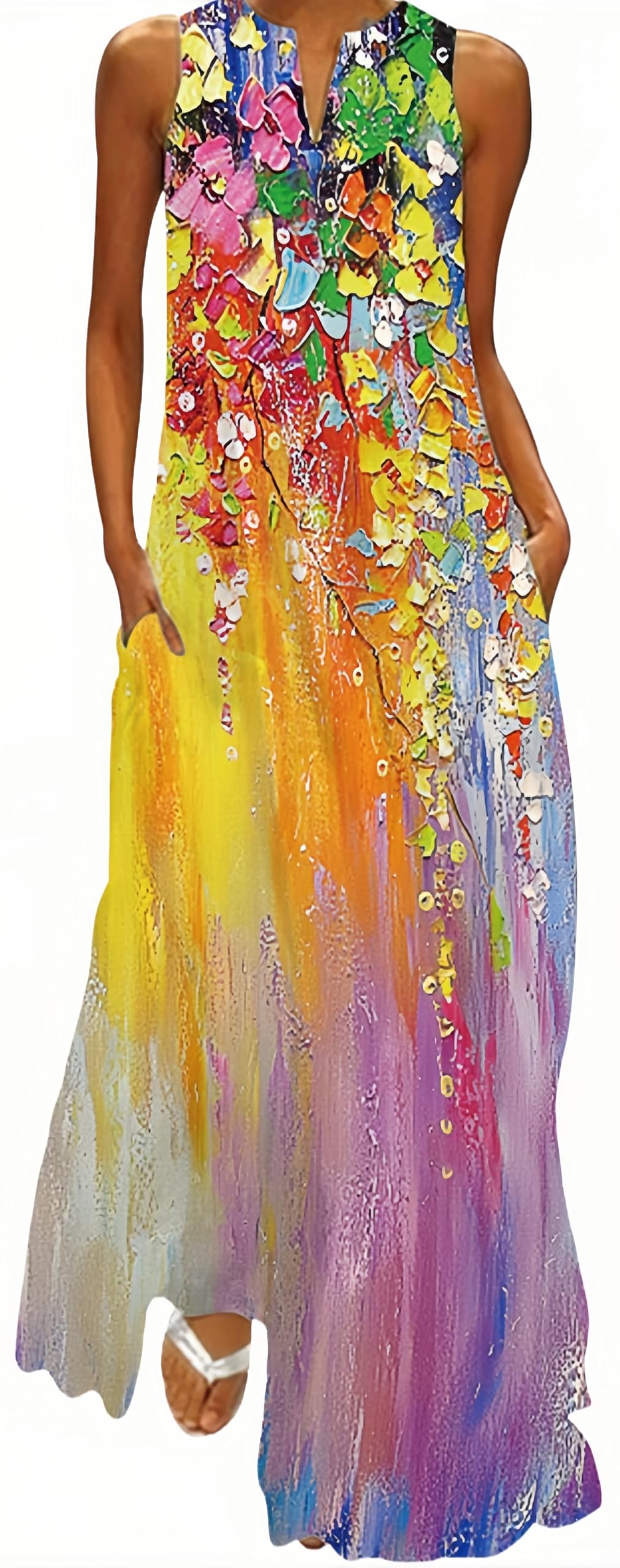 Ocean Plus Robe Longue sans Manches Col V Robe Décontractée Ample avec Poches Latérales, Robe de Plage Vacances Femme Tailles S à 5XL (3XL, Peinture à l'huile Multicolore)