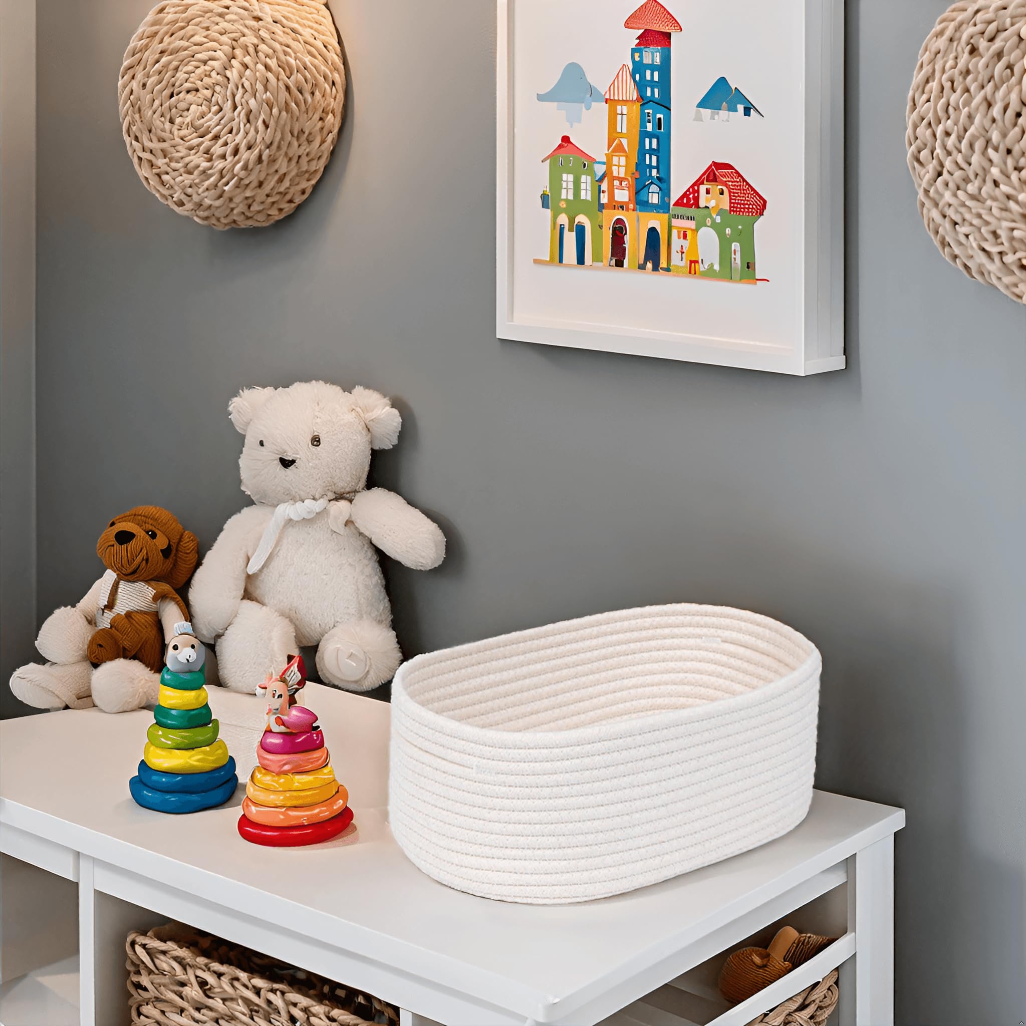 CubesLand Small White Woven Storage Basket - Handmade Cotton Rope Organizer for Minimalist Home, Wedding Decor, Pet Toys | Gift Ready Bin for Shelves, Closet, Office Desk