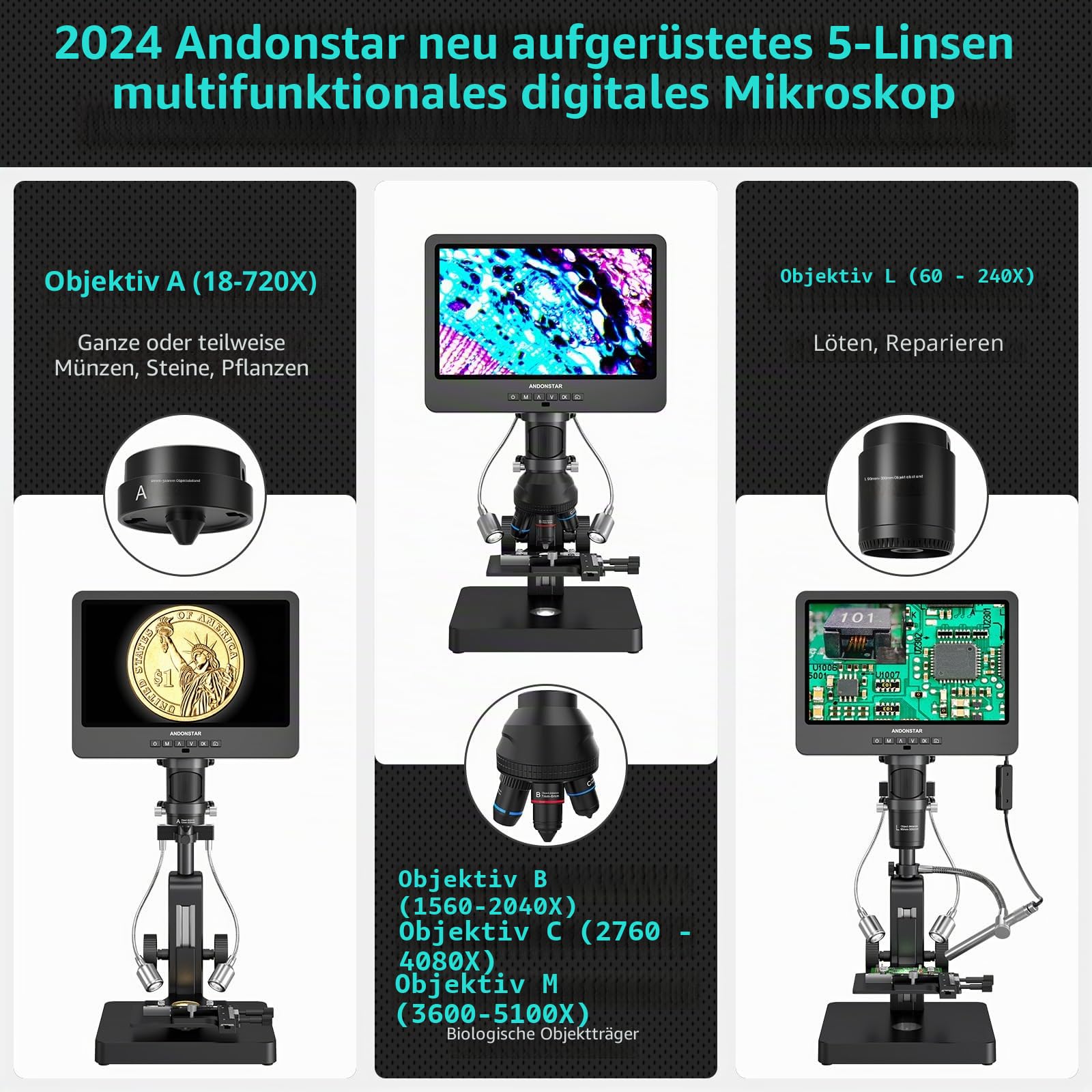 Andonstar AD269S 20X-5000X HDMI Digitalmikroskop mit 10,1'' LCD-Bildschirm für Erwachsene und Kinder, Heimlabor-Mikroskop-Set mit Objektträgern, Vollbild für Münzen, Windows-kompatibel