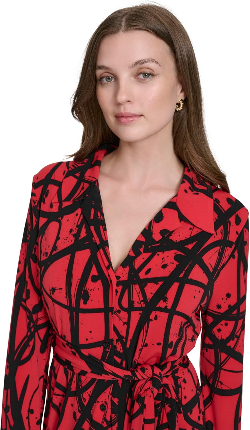 Halston Womens Long Sleeve Collared V-Neck Tie Waist Shirt Dress - Image 2