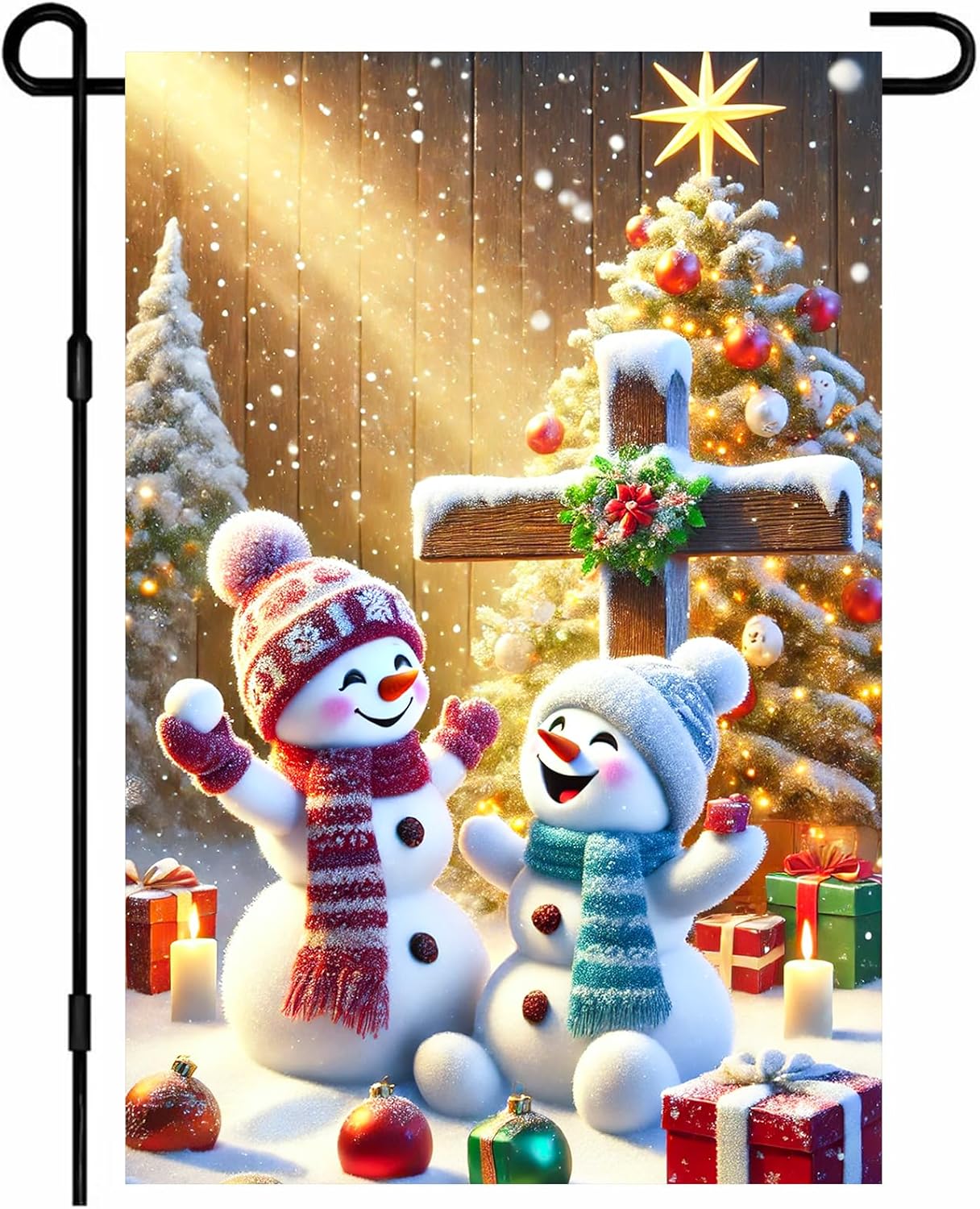 Christmas Snowman Garden Flag 12x18 Inch Double Sided Snowmen with Cross Tree Gift Box Snowflake Small Yard Flag Holiday Decoration for Outdoor Porch Lawn Winter Seasonal Display
