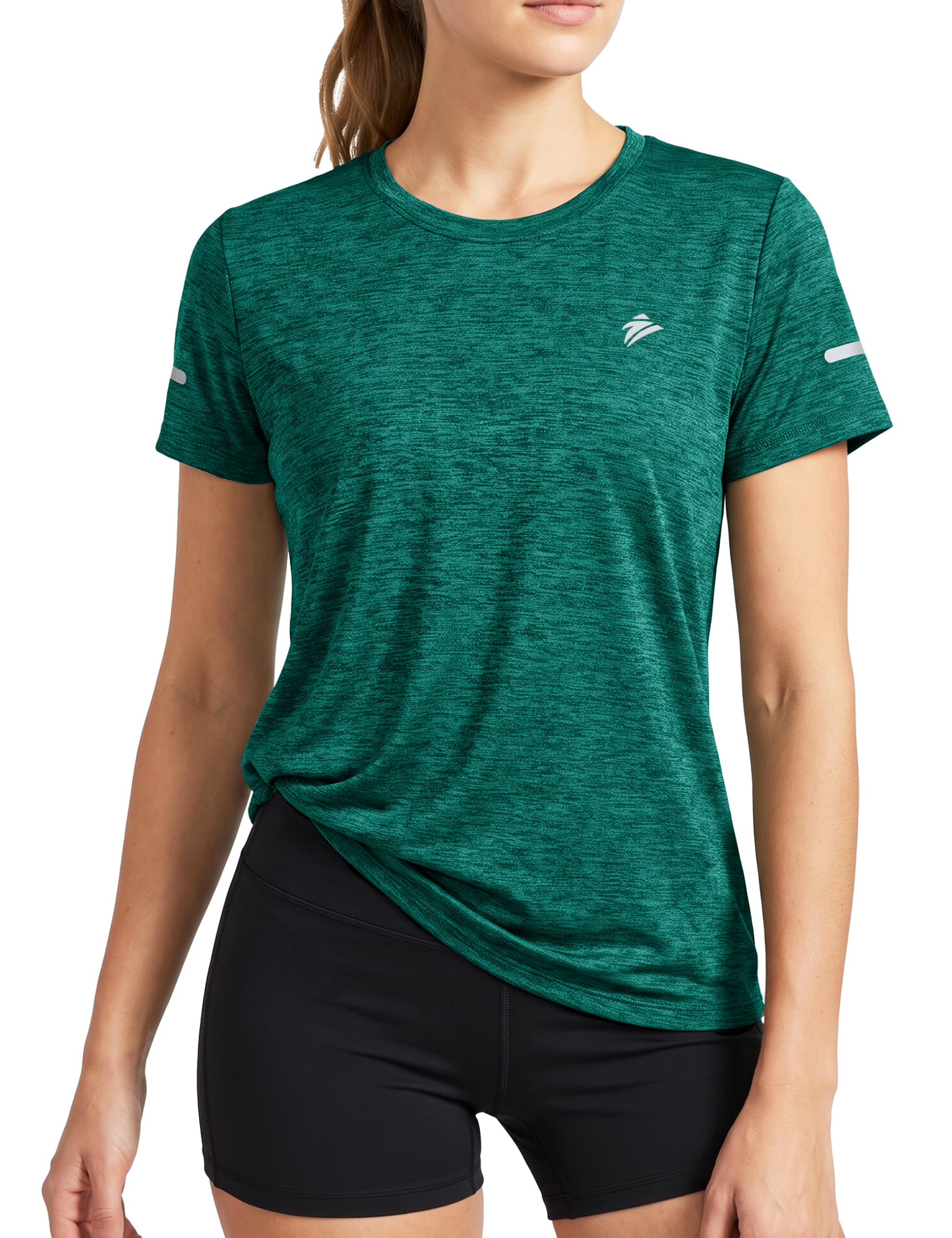 TACVASEN Damen Meliert Sport T-Shirt Laufshirt Kurzarm Sportshirt Rundhals Shirt Sommer Leicht mit Reflexstreifen