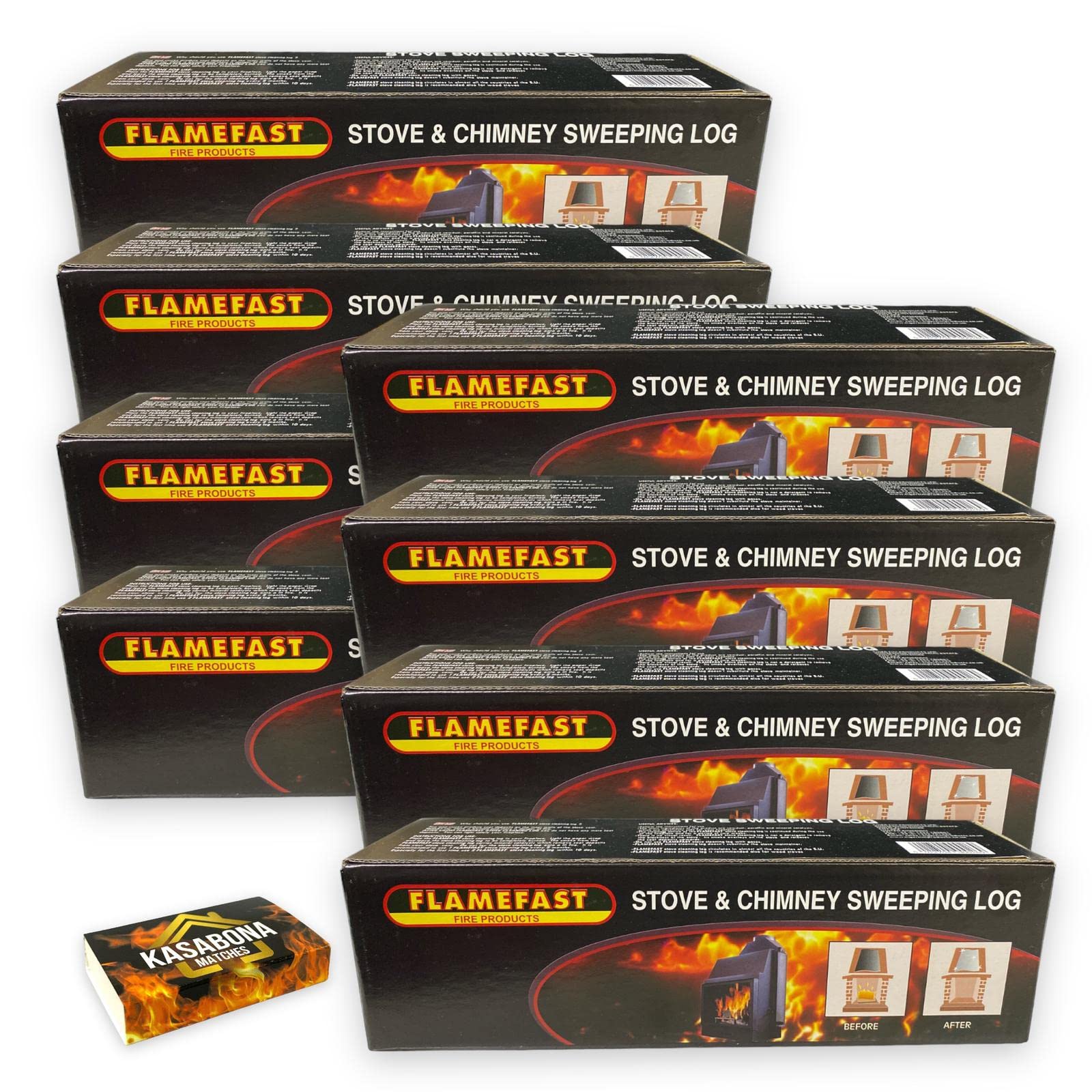 Kasabona Brown Flamefast Stove & Chimney Sweeping Log Fire Place Cleaner Remove Creosote Soot Tar Deposits – Includes Safety Matches (8 Logs)