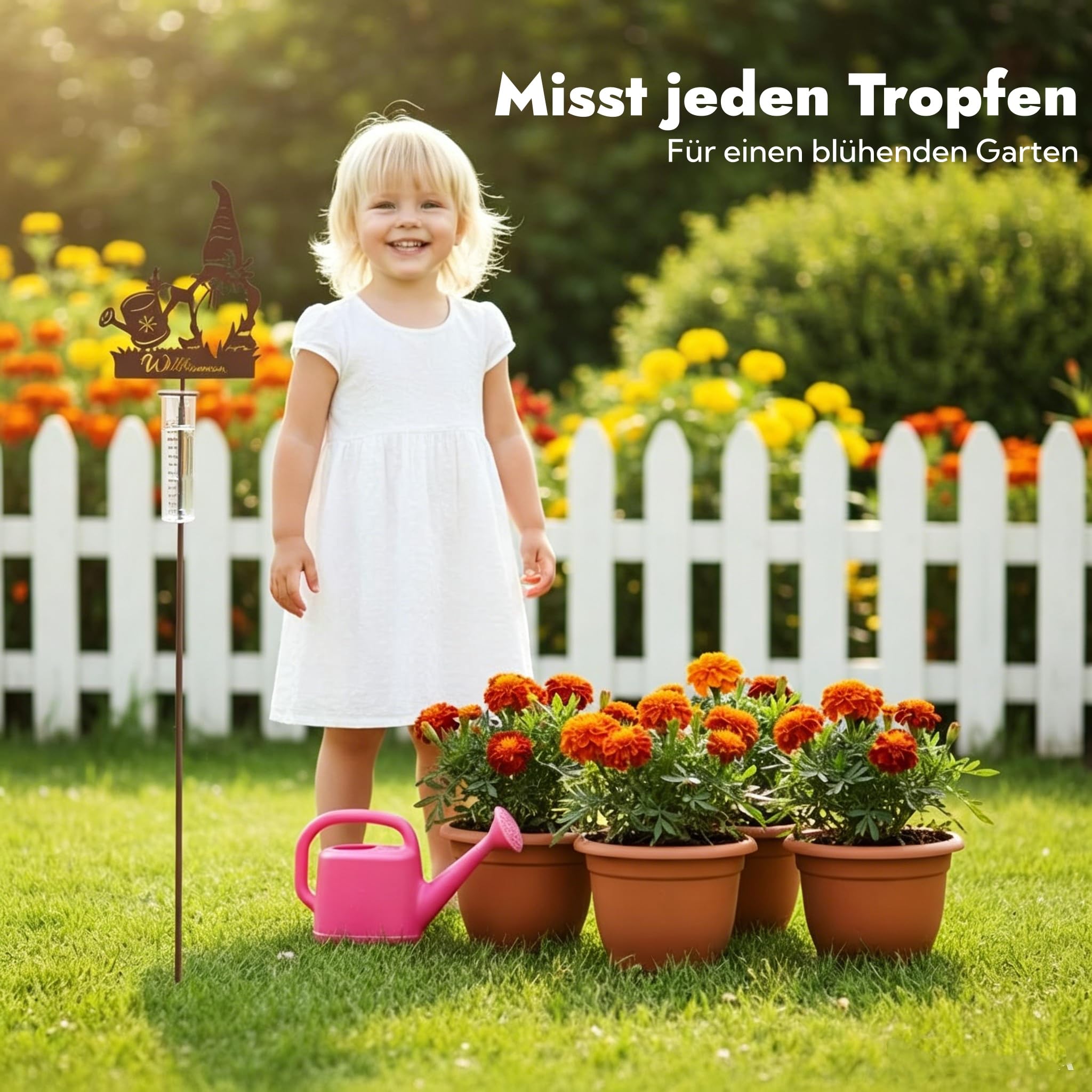 Regenmesser für Garten Dekorativer Niederschlagsmesser mit Erdspieß 100cm Hoch, Regenwassermesser Glas auf Gartenstecker, Willkommensschild & Zwerg Motiv