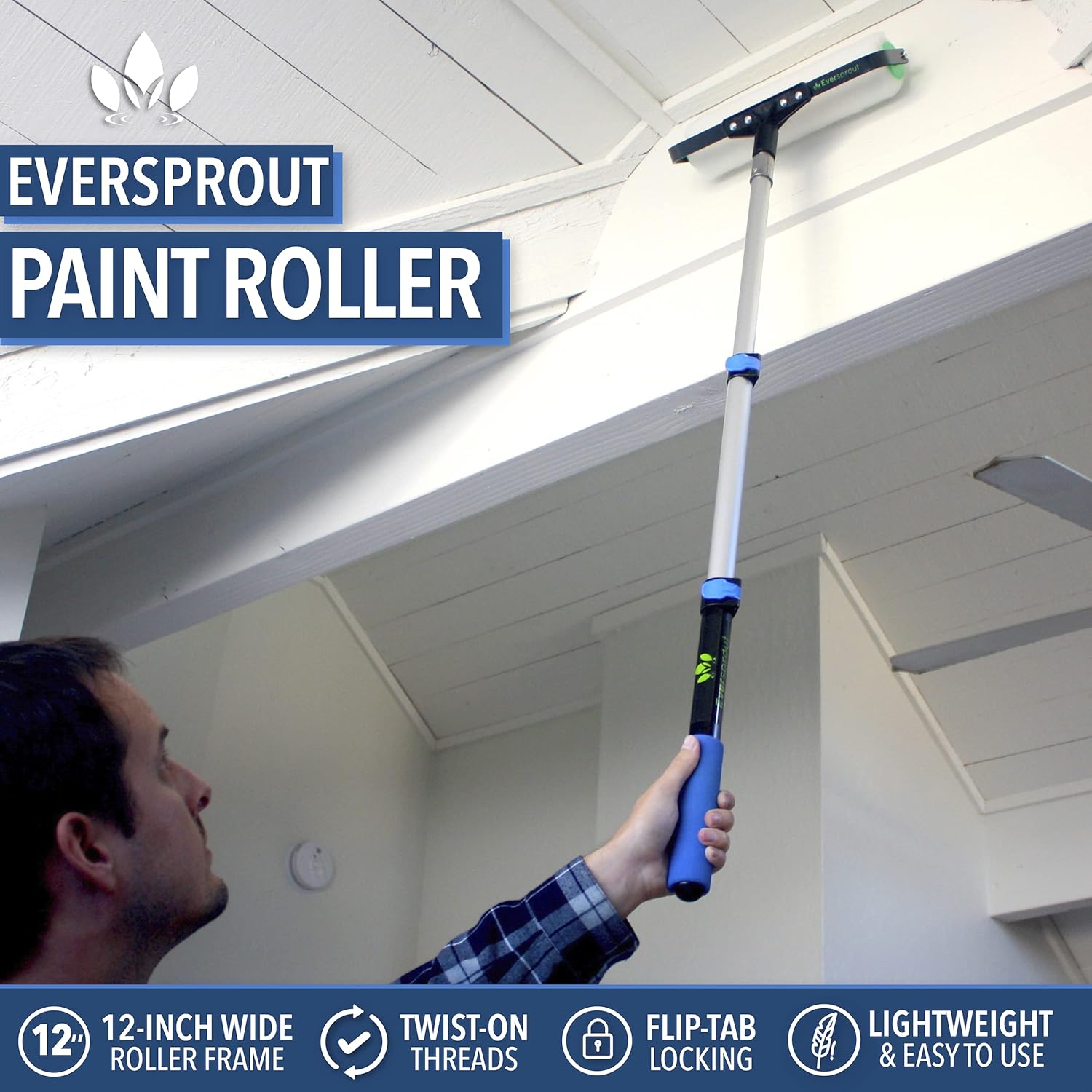 EVERSPROUT 1.5-to-3.5 Foot Paint Roller Kit (8-10 Ft Standing Reach) | Extra Wide 12-inch Roller Frame, Extension Pole, 3/8'' Poly-Wool Roller Cover for Indoor/Outdoor | All Paint Types - - 