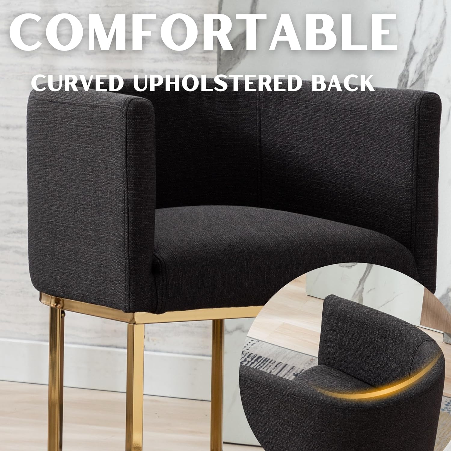 RIVOVA Contemporary Charcoal Linen Bar Stools Set of 4, 24" Upholstered Fabric Counter Height Barstools Kitchen Counter Island Stools with Screwed Together Golden Metal Base