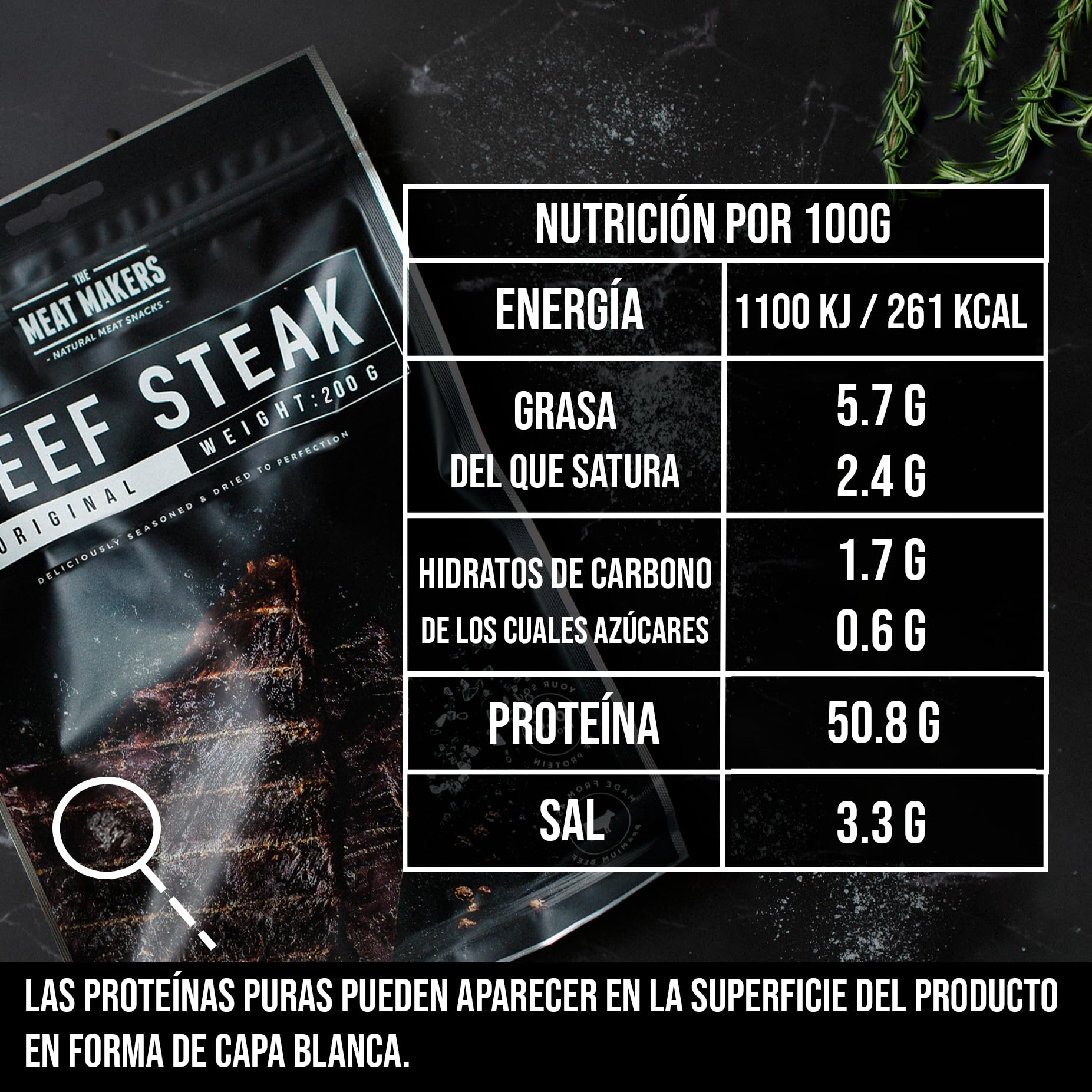 The Meat Makers Original Dried Beef Jerky Steak (400g) - Bistec de cecina de vaca seca, Cecina de Vaca, Carne Seca, Snack de Carne, Alto en Proteínas, Bajo en Calorías. Carne seca para personas.