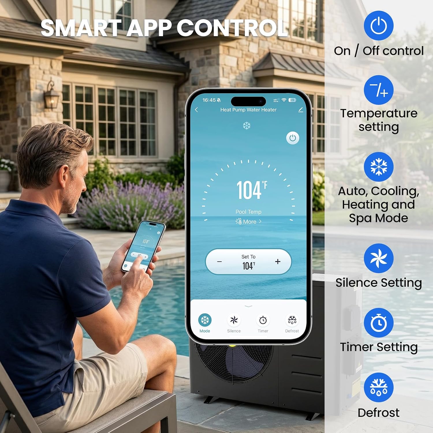 58,000 BTU Inverter Pool Heat Pump for Above Ground & Inground Pool up to 16,000 Gallons, Smart WiFi Control, COP 14.86, Heats in -13°F, 220-240V, Heating and Cooling Unit with EVI Compressor & Timer