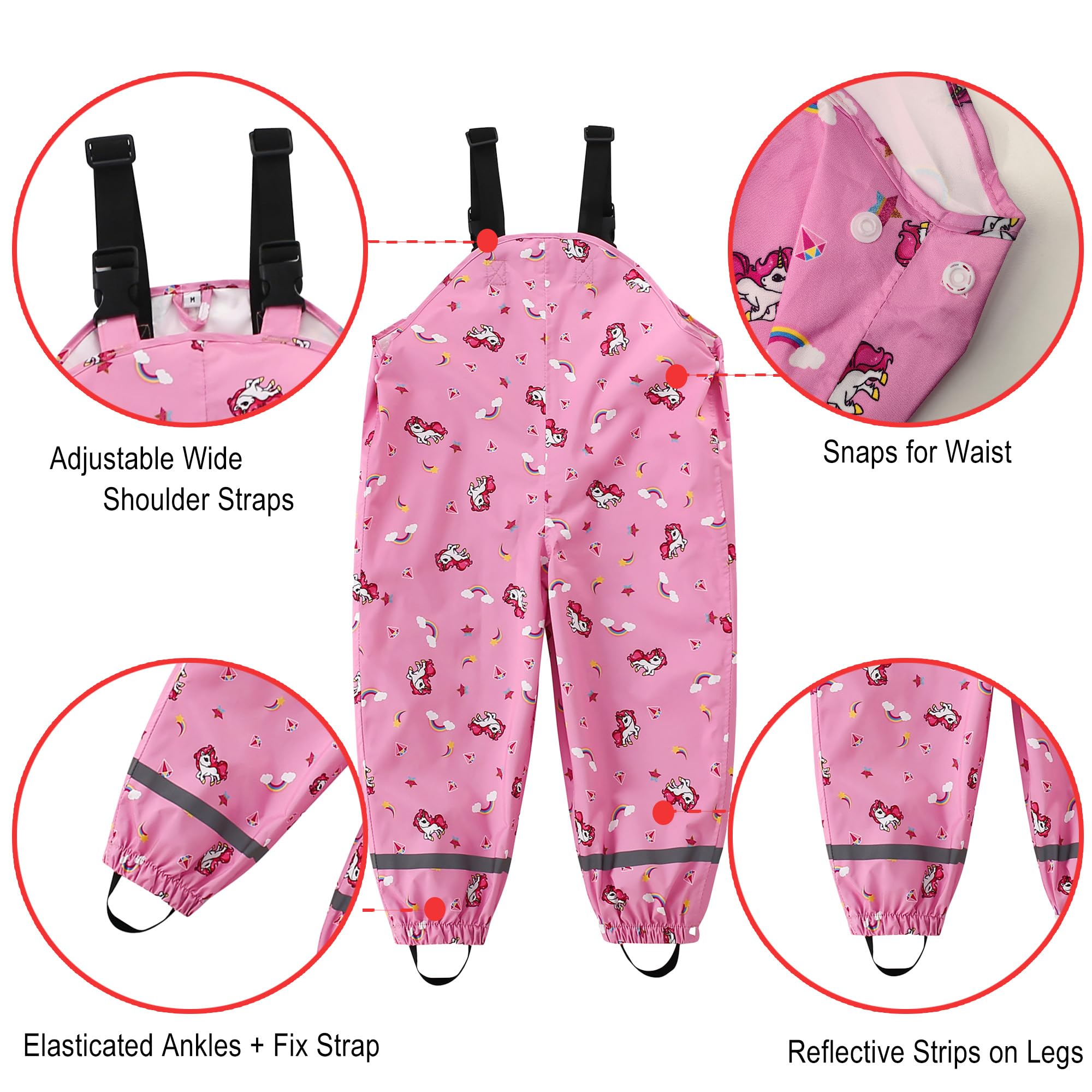 Pantalones Impermeable Niños Niñas Pantalón de Lluvia Viento Reflectantes Pantalones de Barro Estampado Animales Finos Transpirable Peto Mono Impermeables con Tirantes Nieve Agua para 2-6 Años