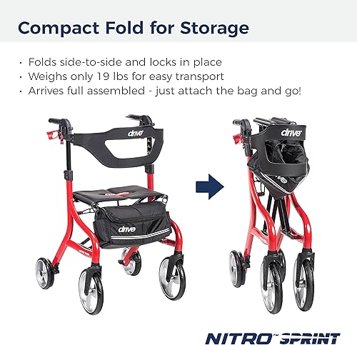 Miniatura 7 de Drive Medical Nitro Sprint - Andador plegable con asiento, ligero, para estatura alta, con cuatro ruedas grandes, plegable, color rojo