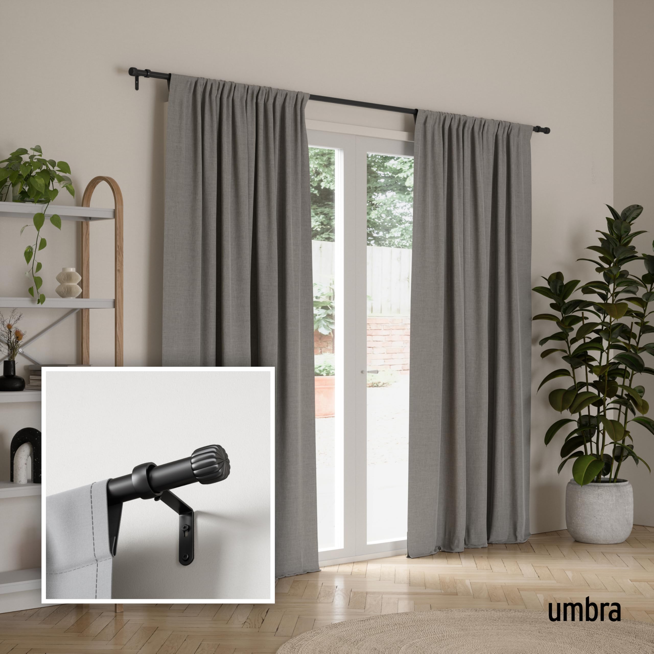 Umbra Cleo Curtain 1" Rod for Window Drapery Adjustable Length 36" to 66", Set Includes Finials and Mounting Hardware, Matt Black - Image 2