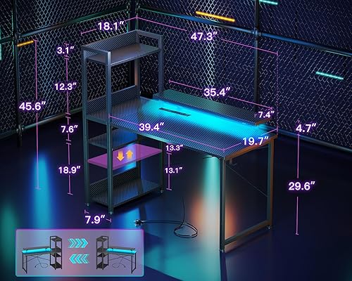 Miniatura 3 de ODK Escritorio reversible para juegos con tomas de corriente y puerto de carga USB, escritorio para computadora de 48 pulgadas con estantes de