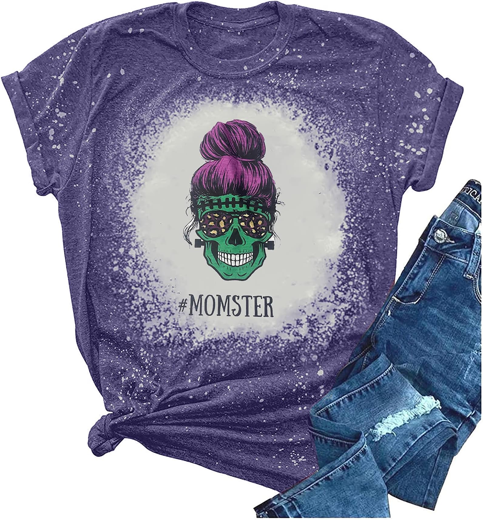 Momster T Shirt Women Halloween Funny Letter Print Mom Tops Tees Casual Short Sleeve Holiday Shirts Top