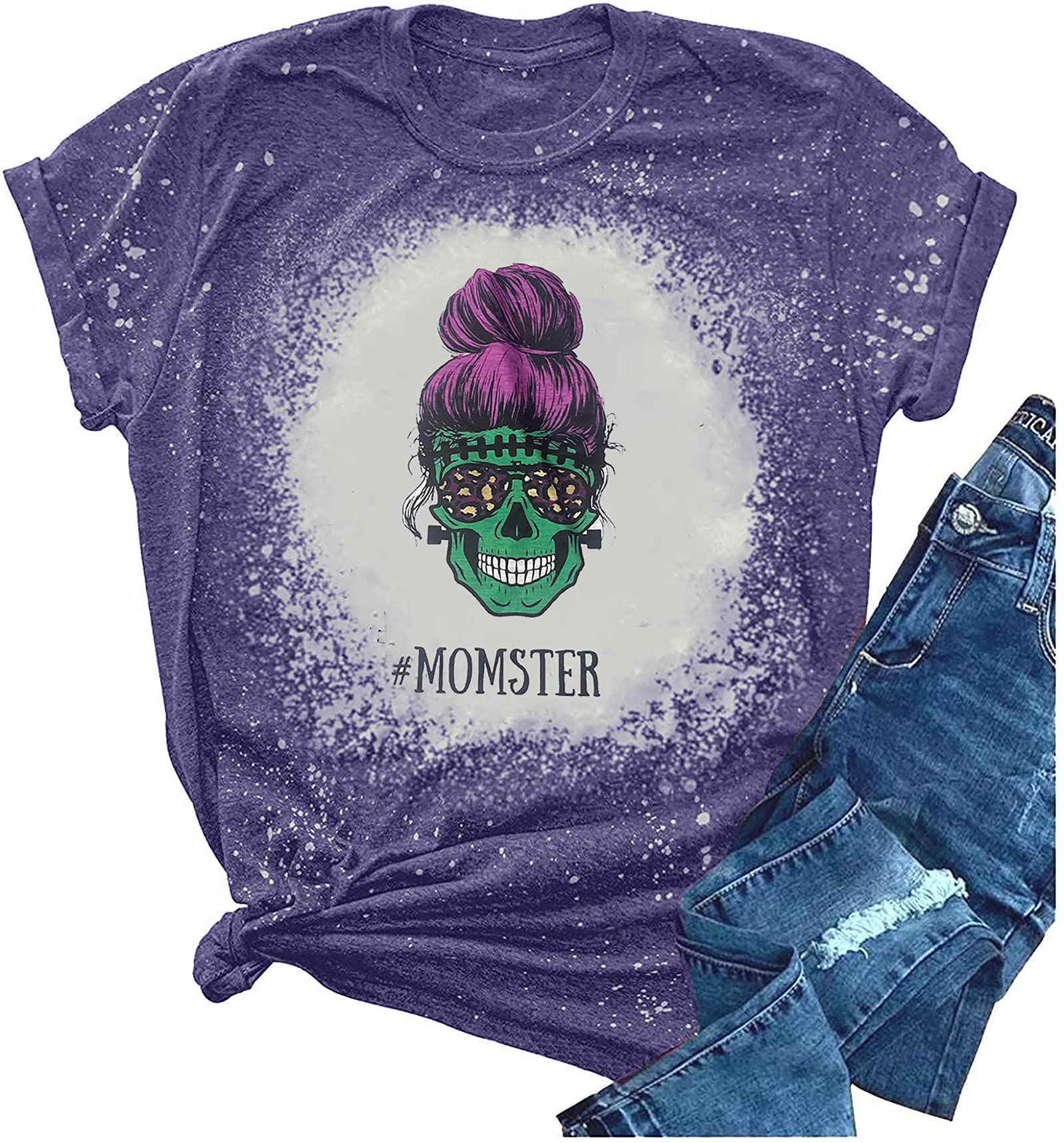 Momster T Shirt Women Halloween Funny Letter Print Mom Tops Tees Casual Short Sleeve Holiday Shirts Top